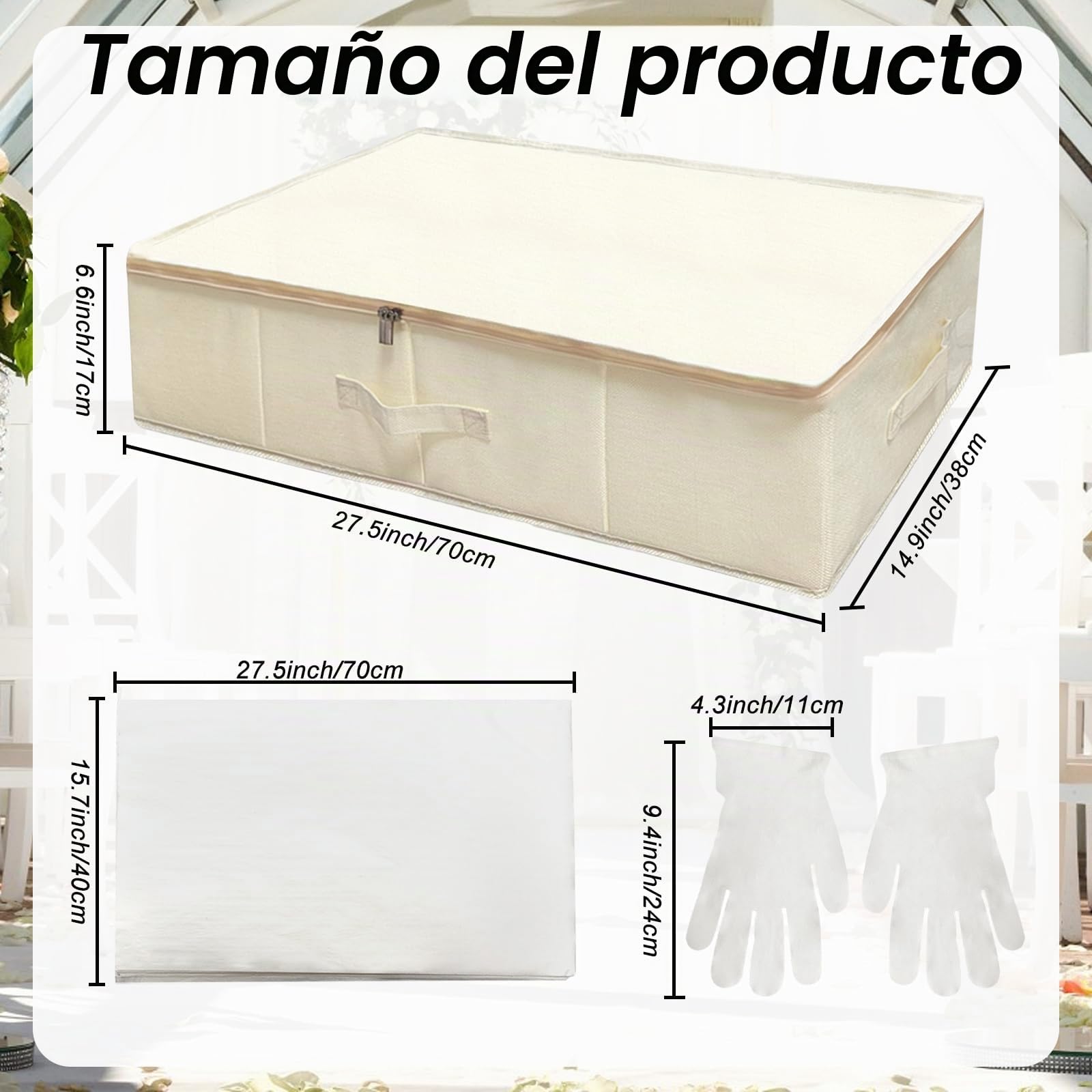Caja de almacenamiento para vestido de novia Sibosen, caja de preservación con 40 hojas y 1 par de guantes de microfibra de papel de seda sin ácido para kit de almacenamiento de vestido de novia