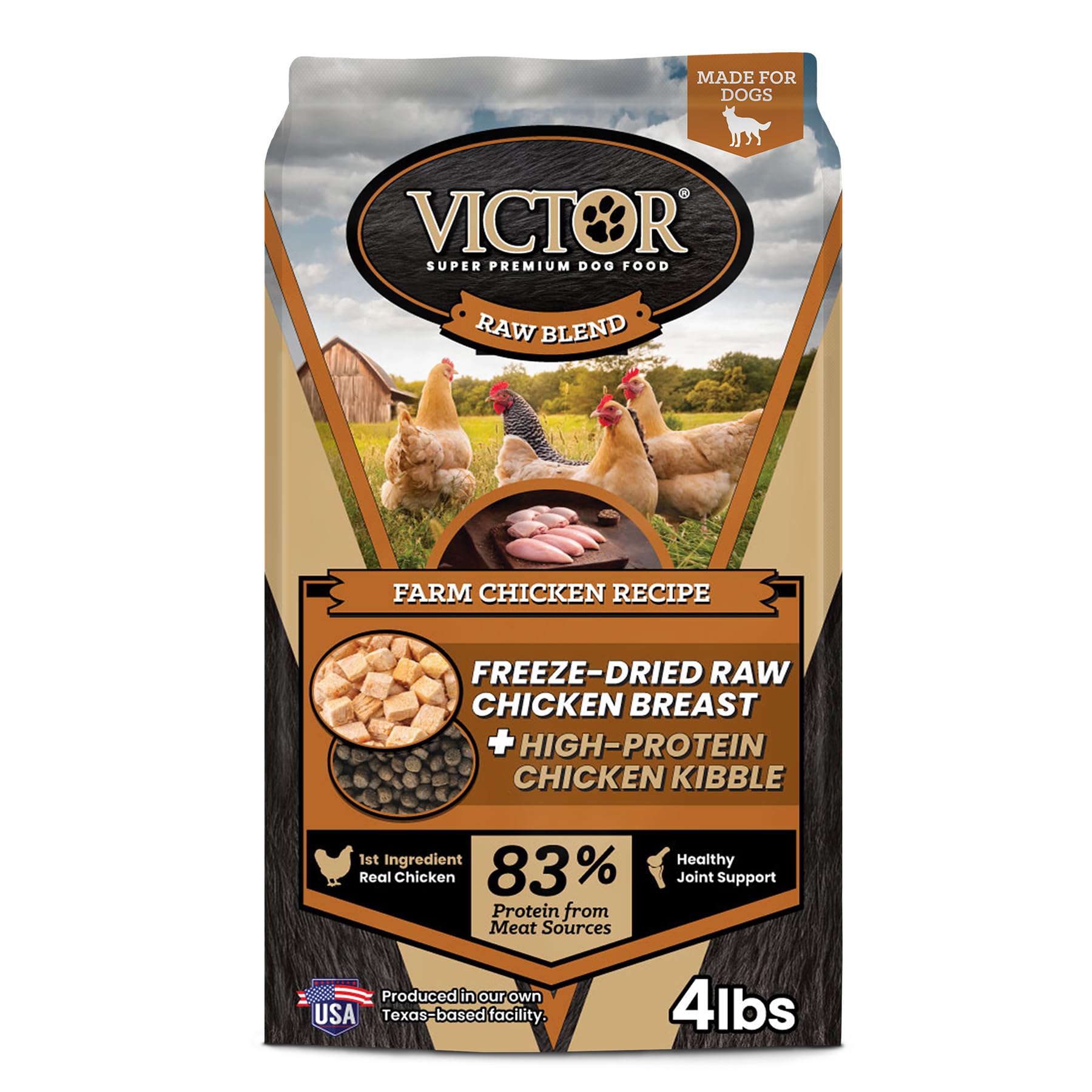 VICTOR Raw Kibble Blend - Farm Chicken Freeze-Dried Dry Dog Food, 4 lb