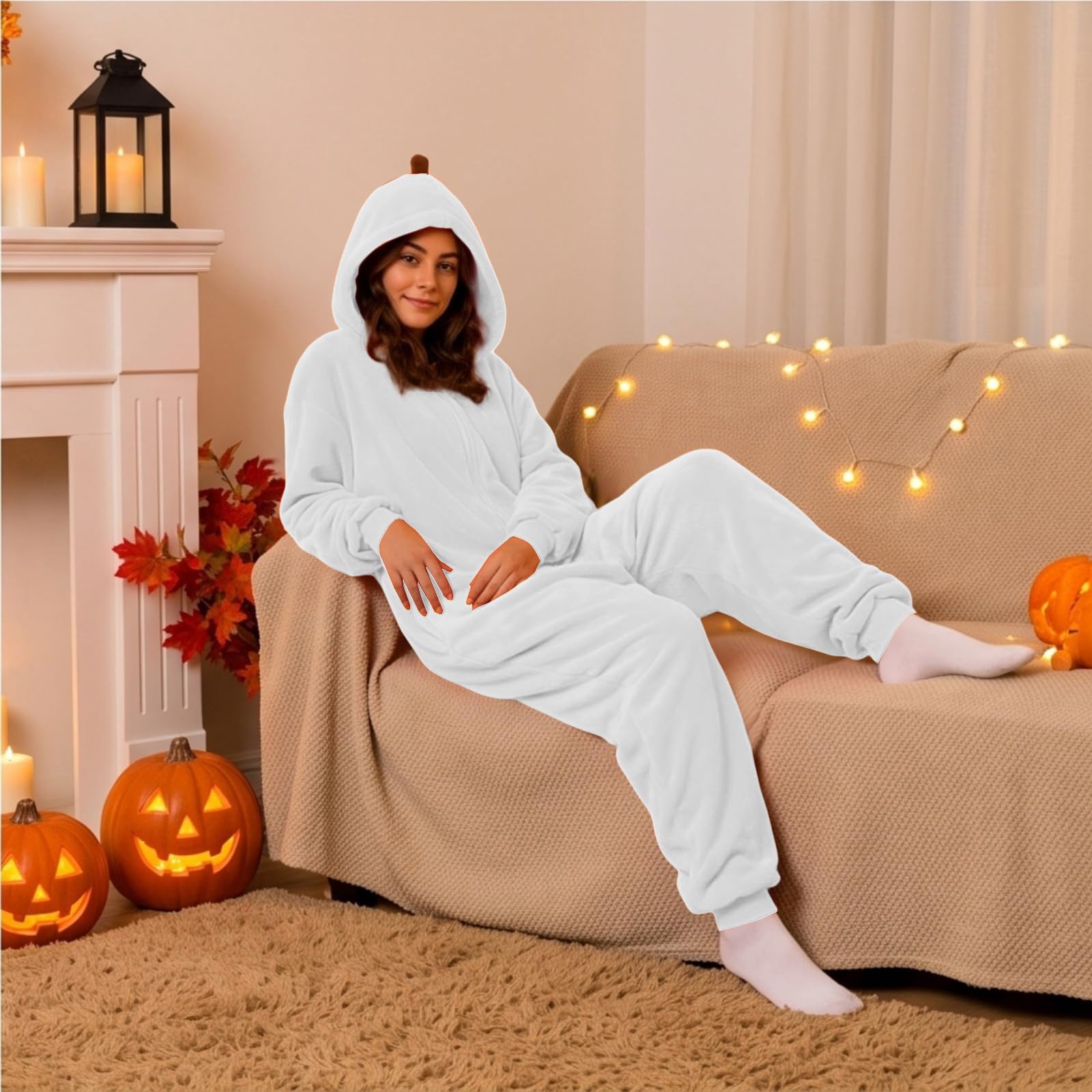 Pigiama Intera Halloween Donna, Costume Halloween Zucca con Cappuccio, Tuta Onesie Invernale Divertente, Pigiama Completo Adulto da Casa per Carnevale, Festa, Cosplay, Natale e Serate a Tema