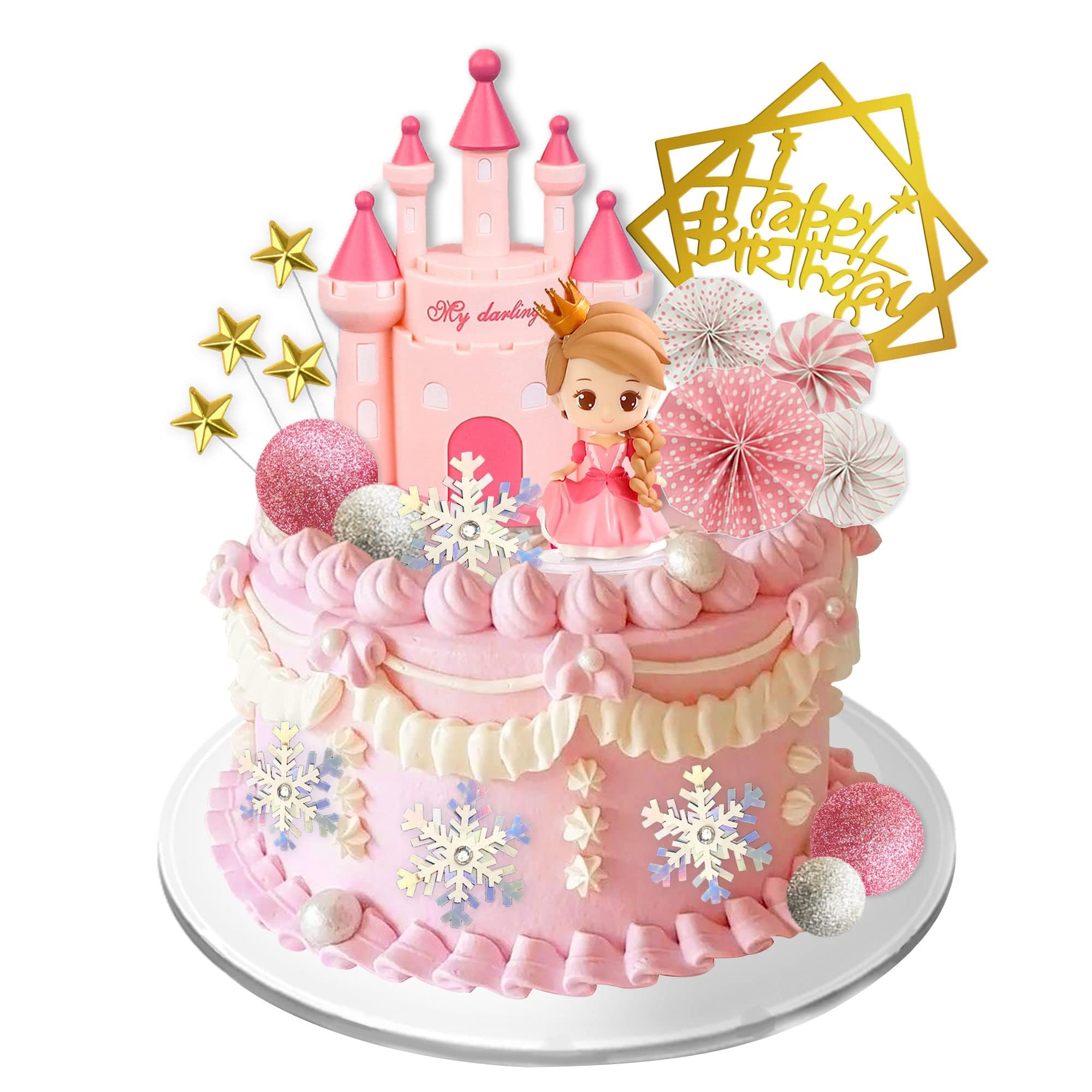 Khazna 19PCS Princess Cake Topper Castle Cake Decoration for Girl with Snowflake and Stars for Girl Kid Happy Birthday Party Decorations Princess Baby Shower Supplies (Pink)