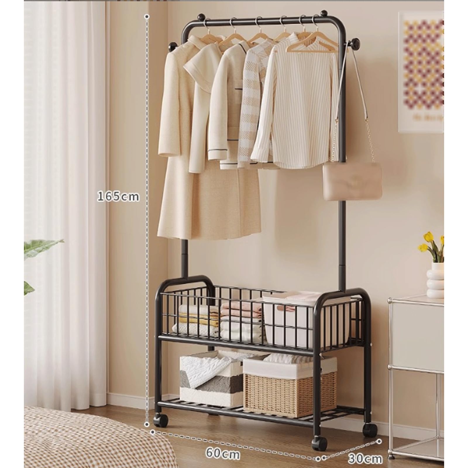 Rollender Kleiderständer aus Metall mit Rollen | Wäschekorb & Sto Korb | Vielseitiger Kleiderständer für Flur Waschküche oder Schlafzimmer | Drahtgestell Design