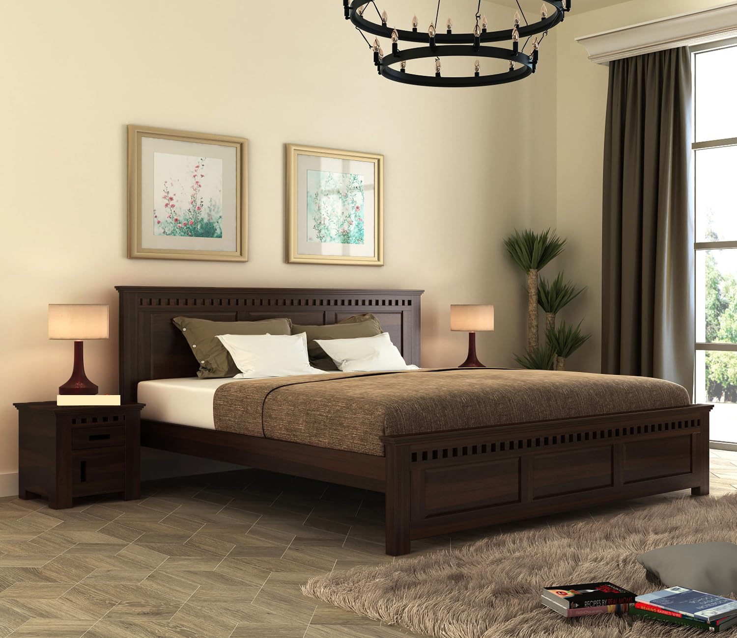 King Size Sheesham Wood Bed Without Storage | Solid Wood Bed with Carved Headboard & Footboard | Rosewood Bed | Walnut Finish-image-38