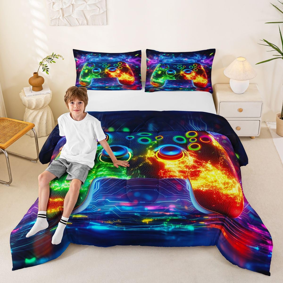Erosebridal 3D Modern Gamer Comforter Set Gamer Controller Full Size Bedding Sets for Tween Boys Girls Geometric Neon Gaming Comforter Video Game Consoles Bed Set,Boys Room Decor image 4