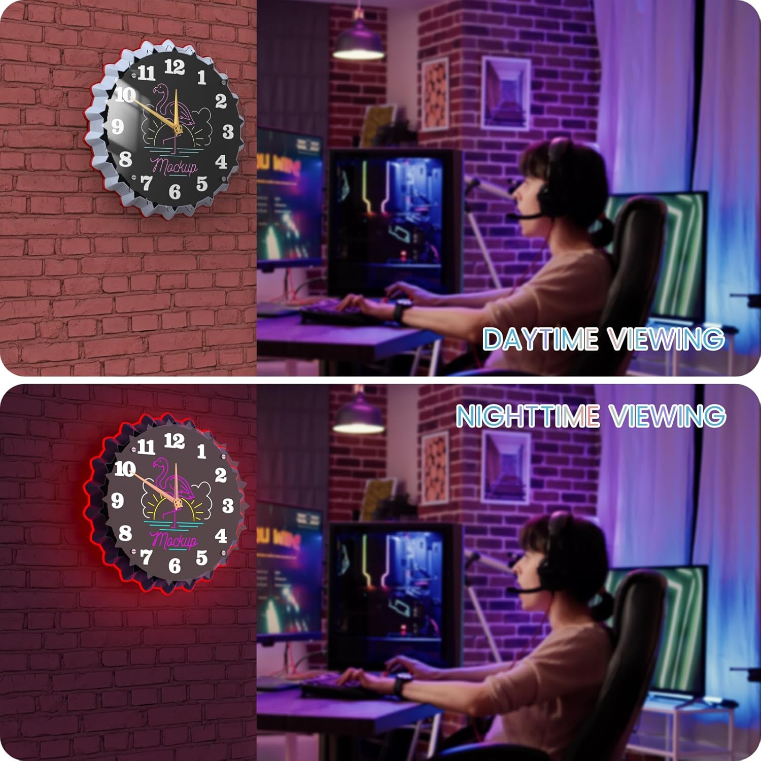 Flamingo Wall Clock, 12 Inch neon wall Clock, 3D Glow Effect, Silent Non-Ticking, Ideal for Bedroom, Beachfront Cafés, Tropical Themed Parties, Livingroom, Tropical Style Office Decor