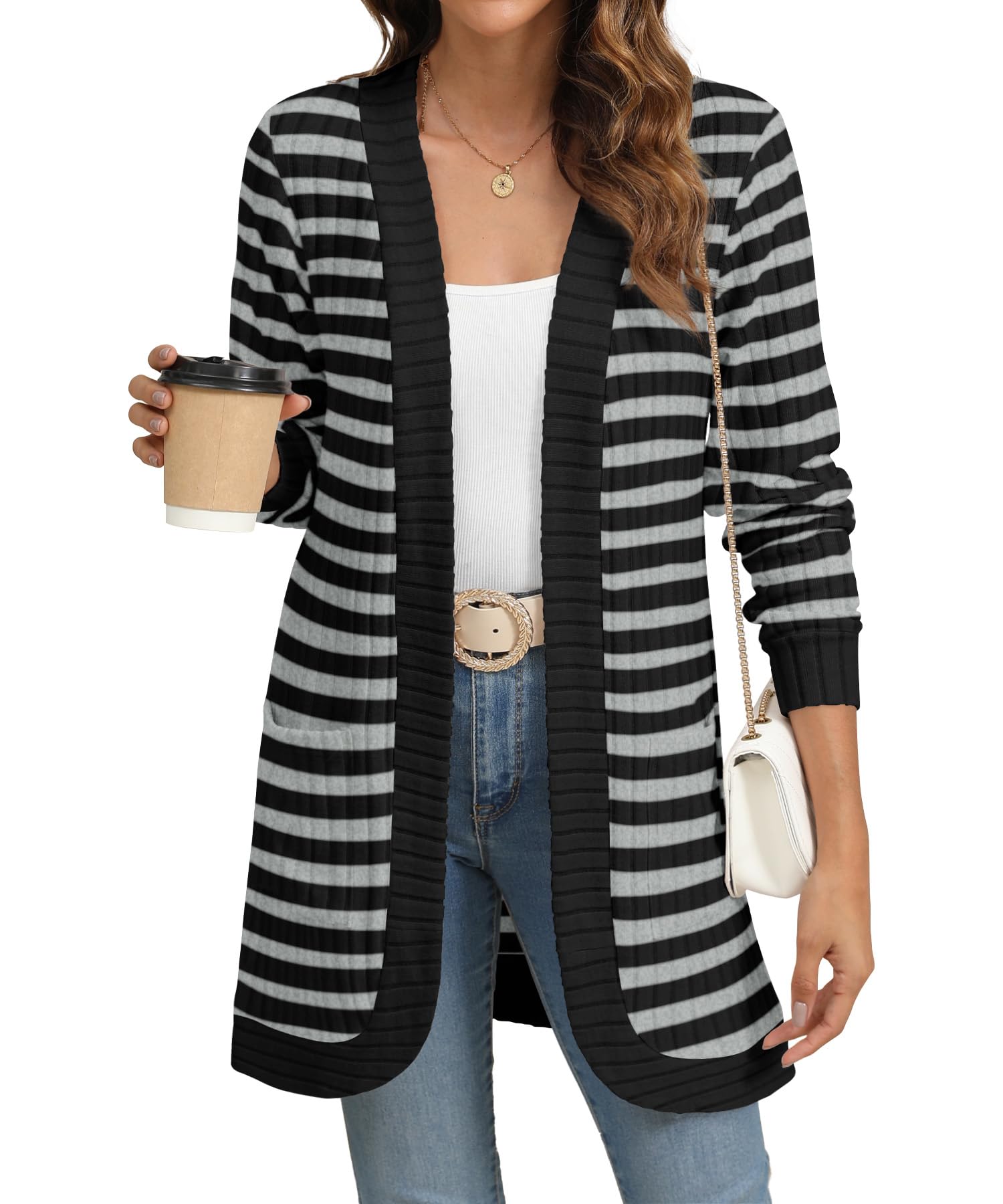 Women Long Sleeve Open Front Cardigan Casual Lightweight Long Cardigans Loose Knit Outwear with Pockets