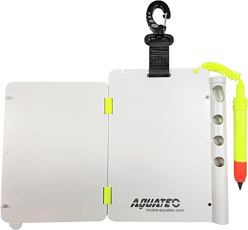 AQUATEC Pizarra plegable de escritura de buceo con clip de puerta de bloqueo resistente a la corrosión y un superlápiz reemplazable, pizarra de