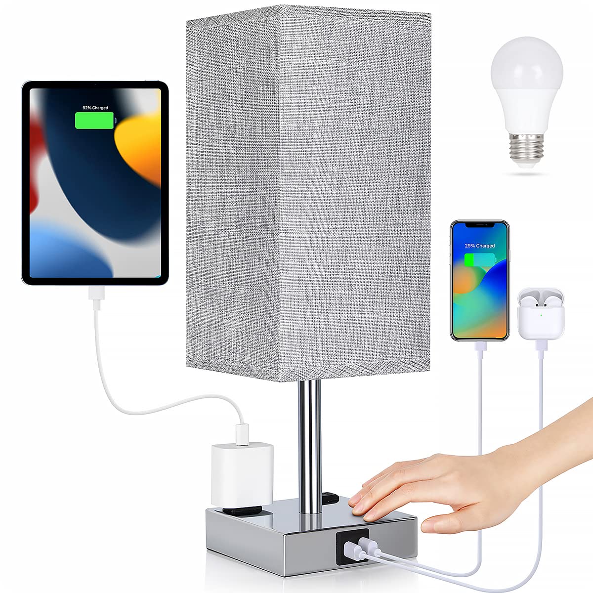 Soilsiu Bedside Lamp with USB Ports - Touch Control Table Lamp for Bedroom with USB C+A Charging Ports & AC Outlets, 3 Way Dimmable Nightstand Light
