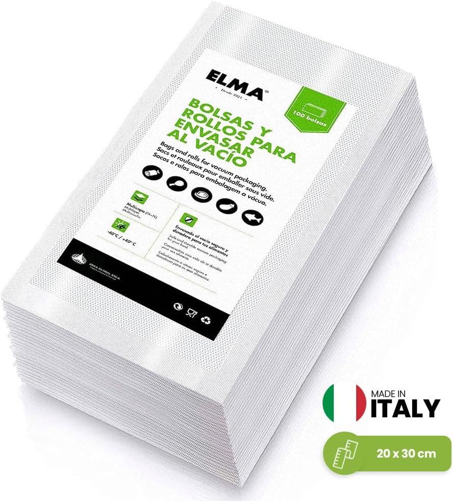 Elma Vacuum Food Sealer Bags 100-Pack | Embossed BPA-Free Bags for Food Storage & Freezer, 8 x 12 in (20 x 30 cm), Multi-Layer Thick Design, Compatible with All Standard Vacuum Sealers