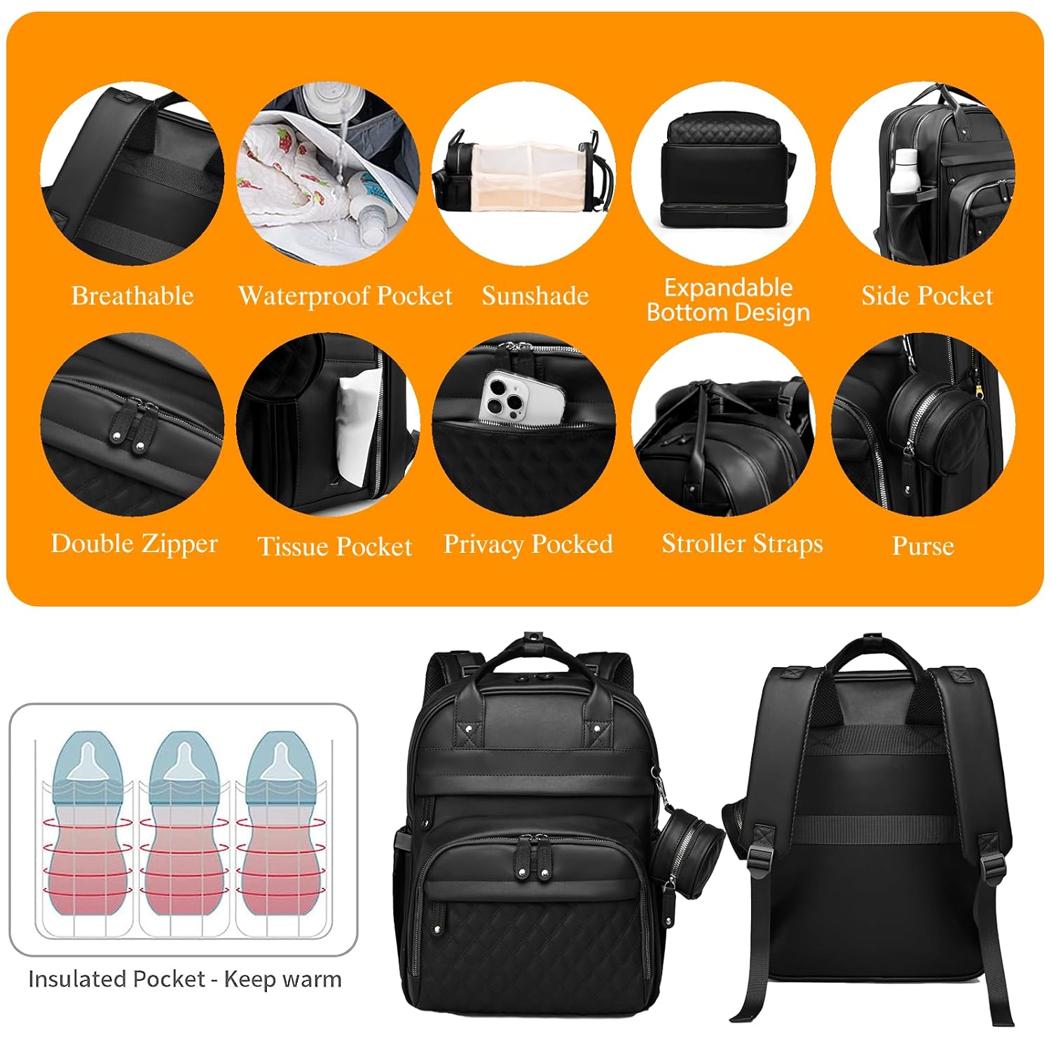 Baby Diaper Bags with Changing Station, Waterproof Diaper Bag Backpack for Moms Dads with USB Charging Port, Baby Shower Gifts, Large Capacity diaper backpack, Black
