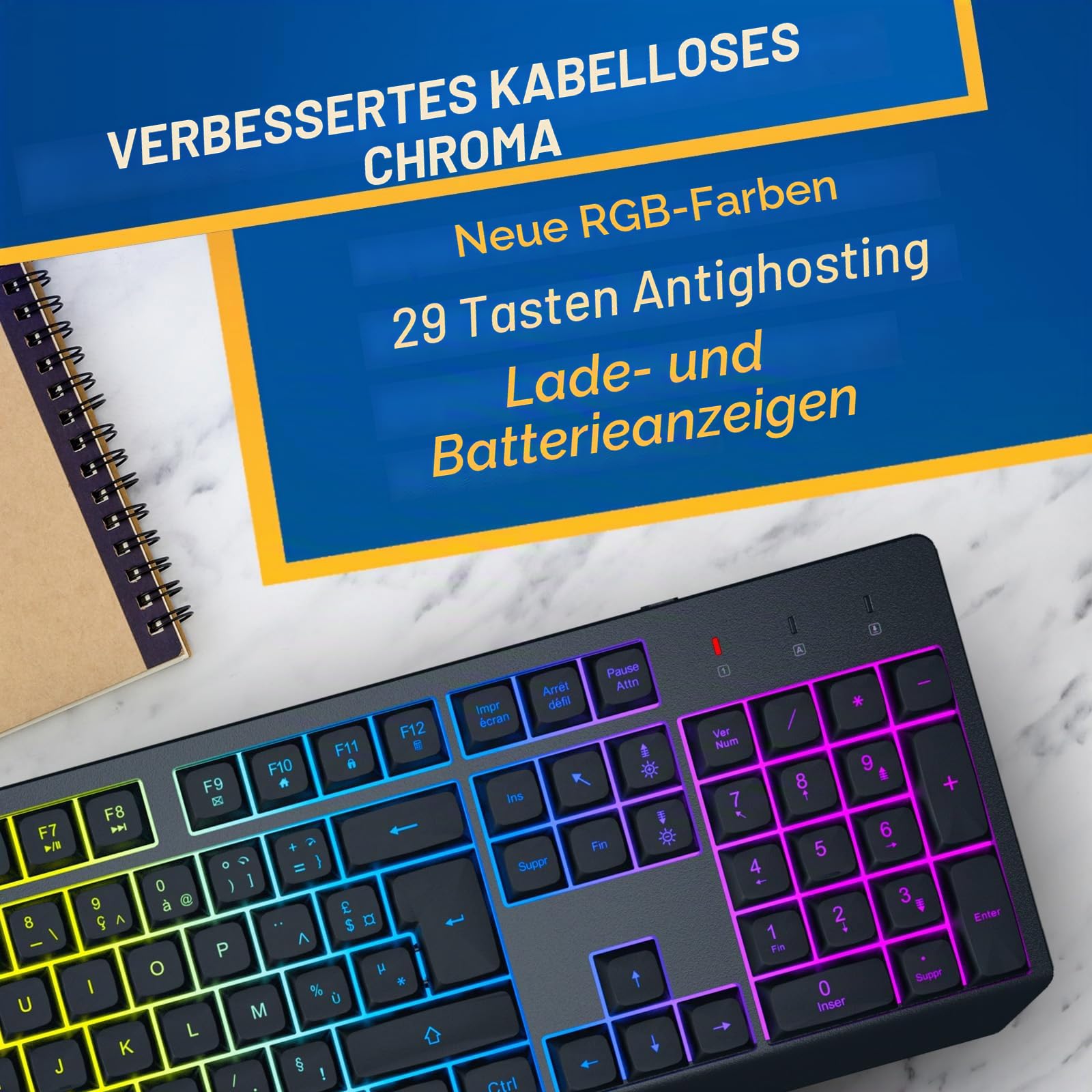 KLIM Blaze und Chroma Kabelloses Maus Tastatur Set AZERTY Französisch | Kombiset mit mehreren Empfängern Anti Ghosting Tasten und Windows Sperrfunktion, Schwarz