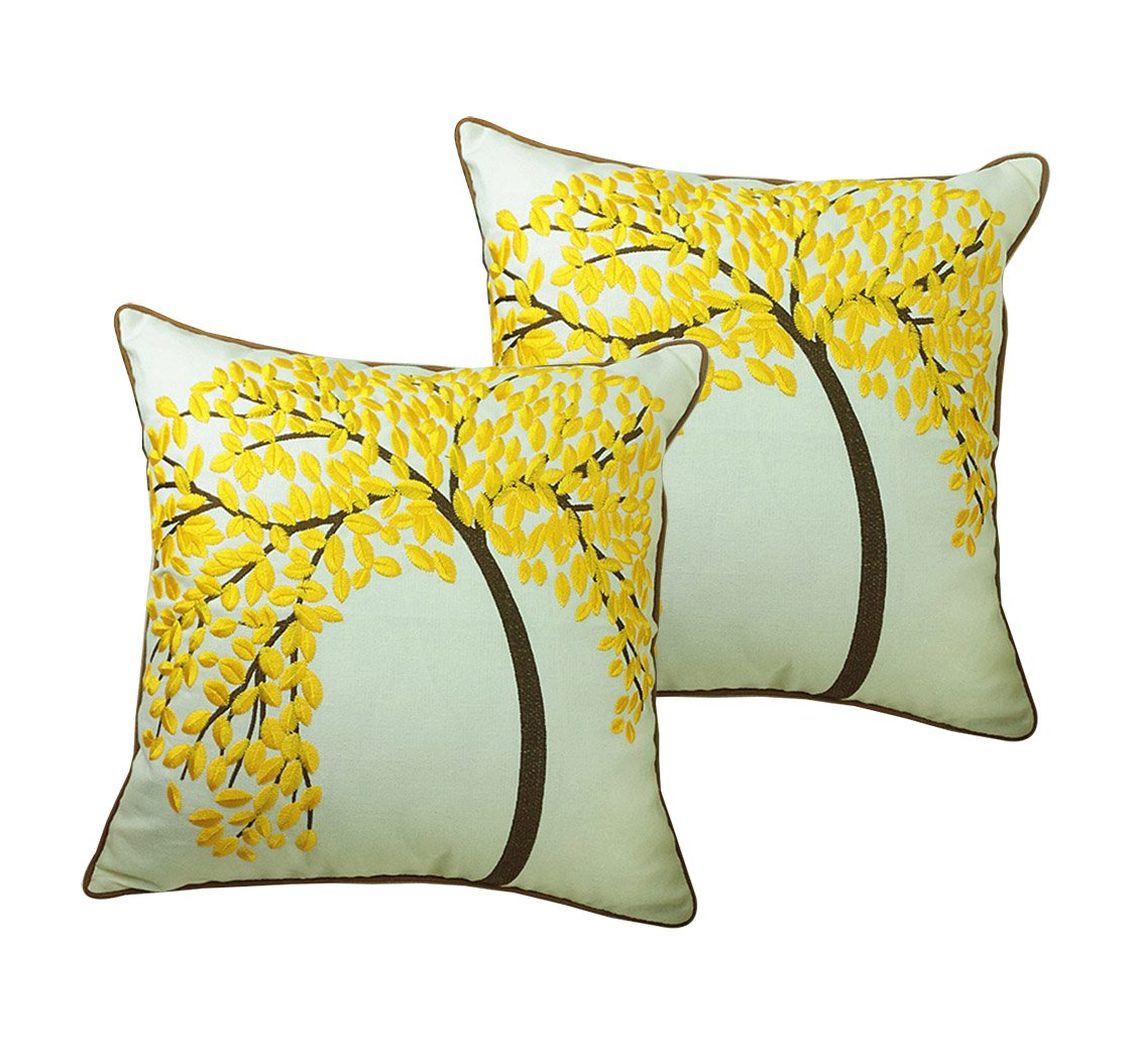 Zuodu Lt-Yellow-2Pc Yellow Cushion Covers 18X18 Inch 2Pc 45Cmx45cm Embroidered Cotton Linen Decorative Throw Pillow Cover Cushion Case Pillow Case - The Tree Of Life (Yellow With Frame) (Yellow-2Pc)