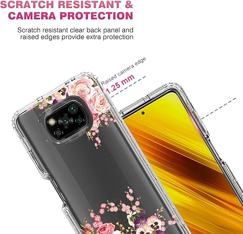 Miniatura 2 de Funda para Poco X3 NFCPoco X3 ProPoco X3 con protector de pantalla de vidrio templado, cuerpo completo transparente flexible con diseño floral