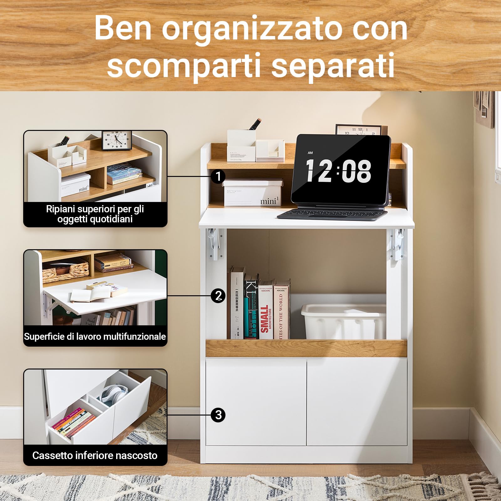 SoBuy Scrivania Pieghevole Salvaspazio con Piano Richiudibile Tavolo da Lavoro per Ufficio e Casa Ideale per Cameretta, Studio Bianco-Naturale 63x67x93cm FWT109-WN