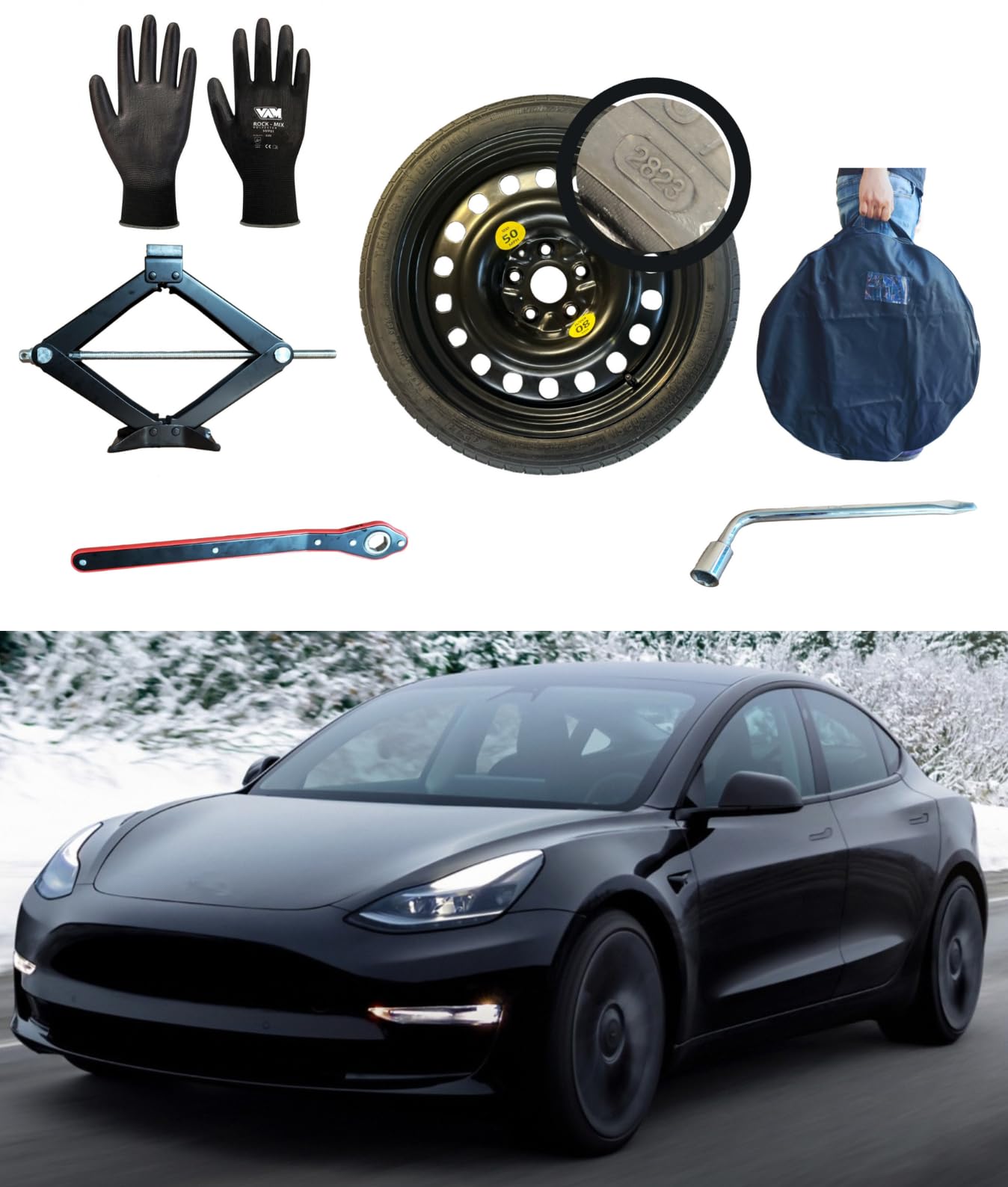 D'ANGELO 1988 Kit Roue de Secours 18" Compatible avec Tesla Model 3 avec Cric et Clé, Sac.