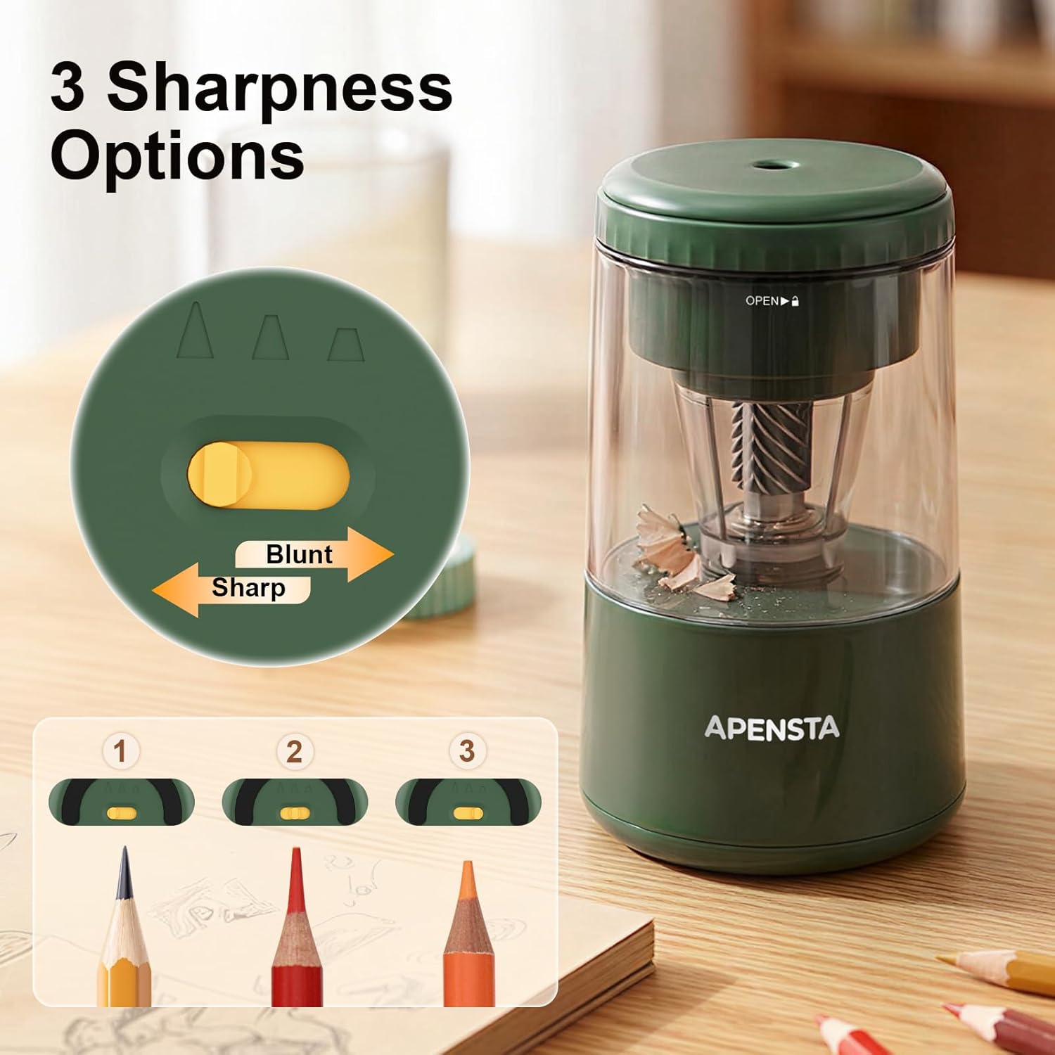 Electric Pencil Sharpener with Adjustable Tip Thickness, Auto Stop, Type-C Rechargeable, for Wooden, Colored Pencils (7–8mm), Portable Design for Home, Office & School, Green
