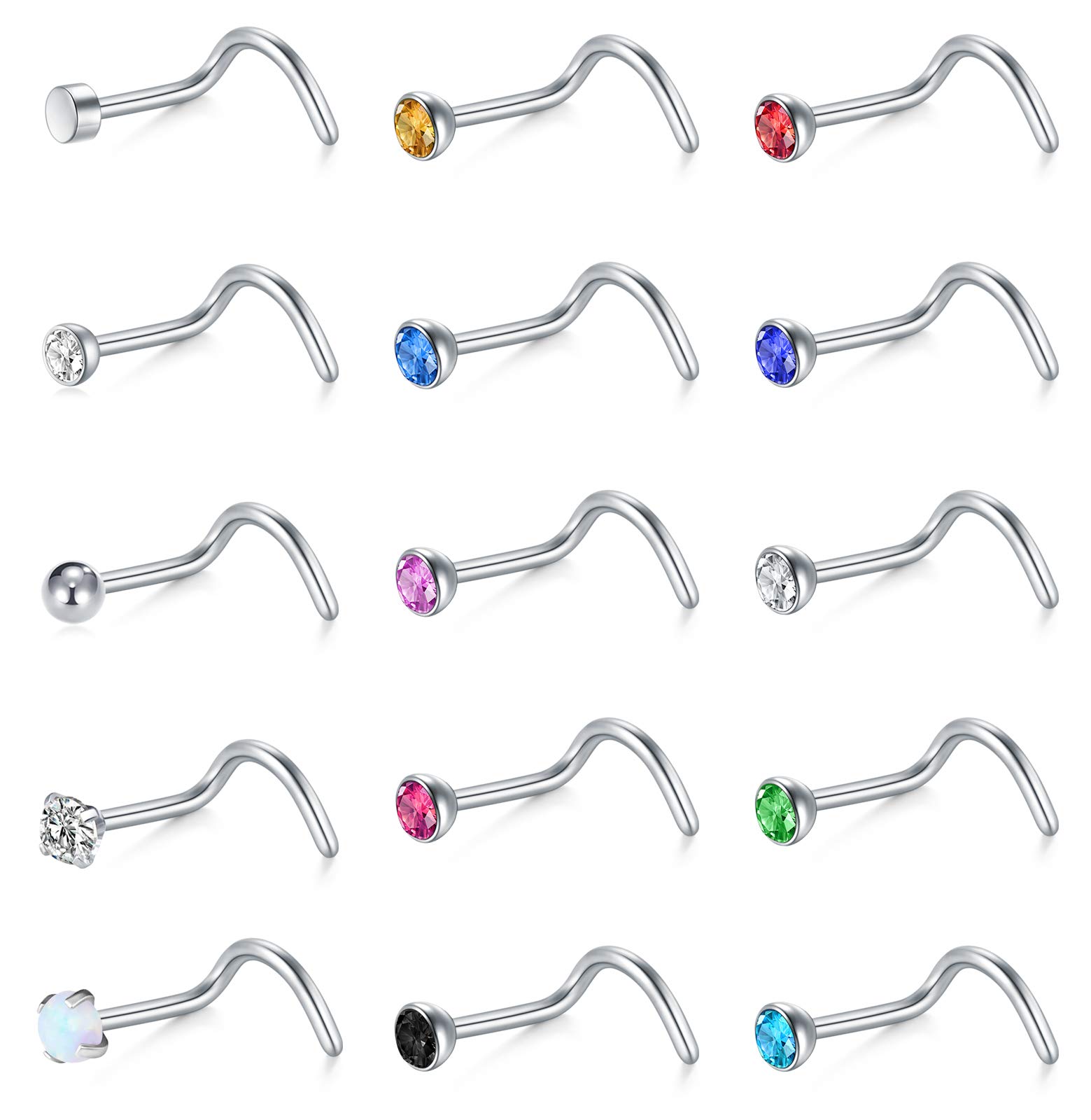 Mayhoop 20G Piercing Nariz Studs Acero Inoxidable Nariz Studs para Mujeres Hombres en Forma de L y Espiral con Opalina y CZ Ball