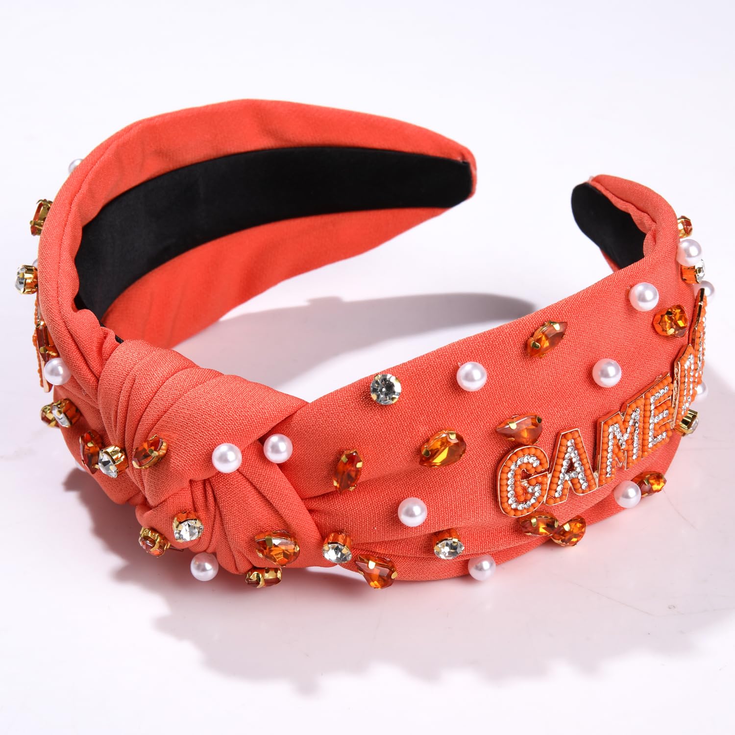 mokkia Beaded Rhinestone Headband for Women - Jeweled Wide Top Knot Sports Hair Accessories Gift (Orange) - Image 2