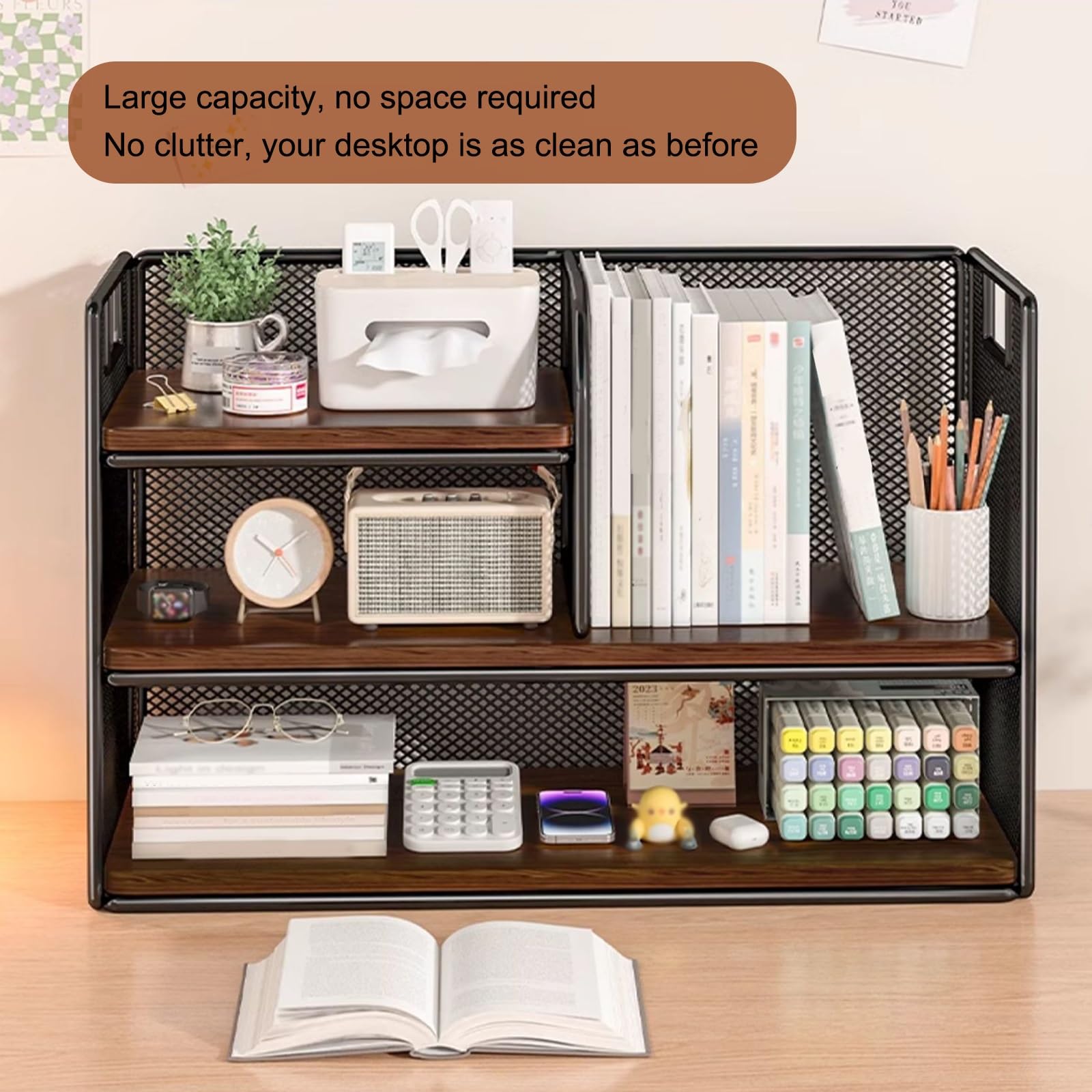 Organizador de Escritorio de Gran Capacidad, Malla Organizador Estacionario, Soporte Multifuncional con Compartimentos(Black 2)