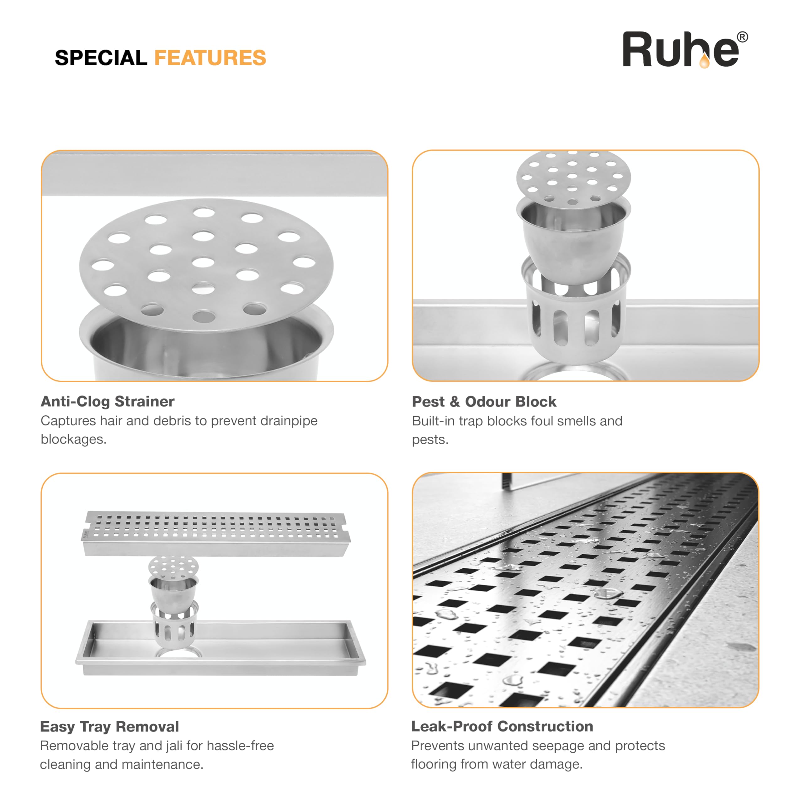 Ruhe® Palo Shower Drain Channel | 18 × 4 Inches | 304 Stainless Steel Shower Water Drain Channel | Floor Drain with Cockroach Trap, Side Hole and Collar 1
