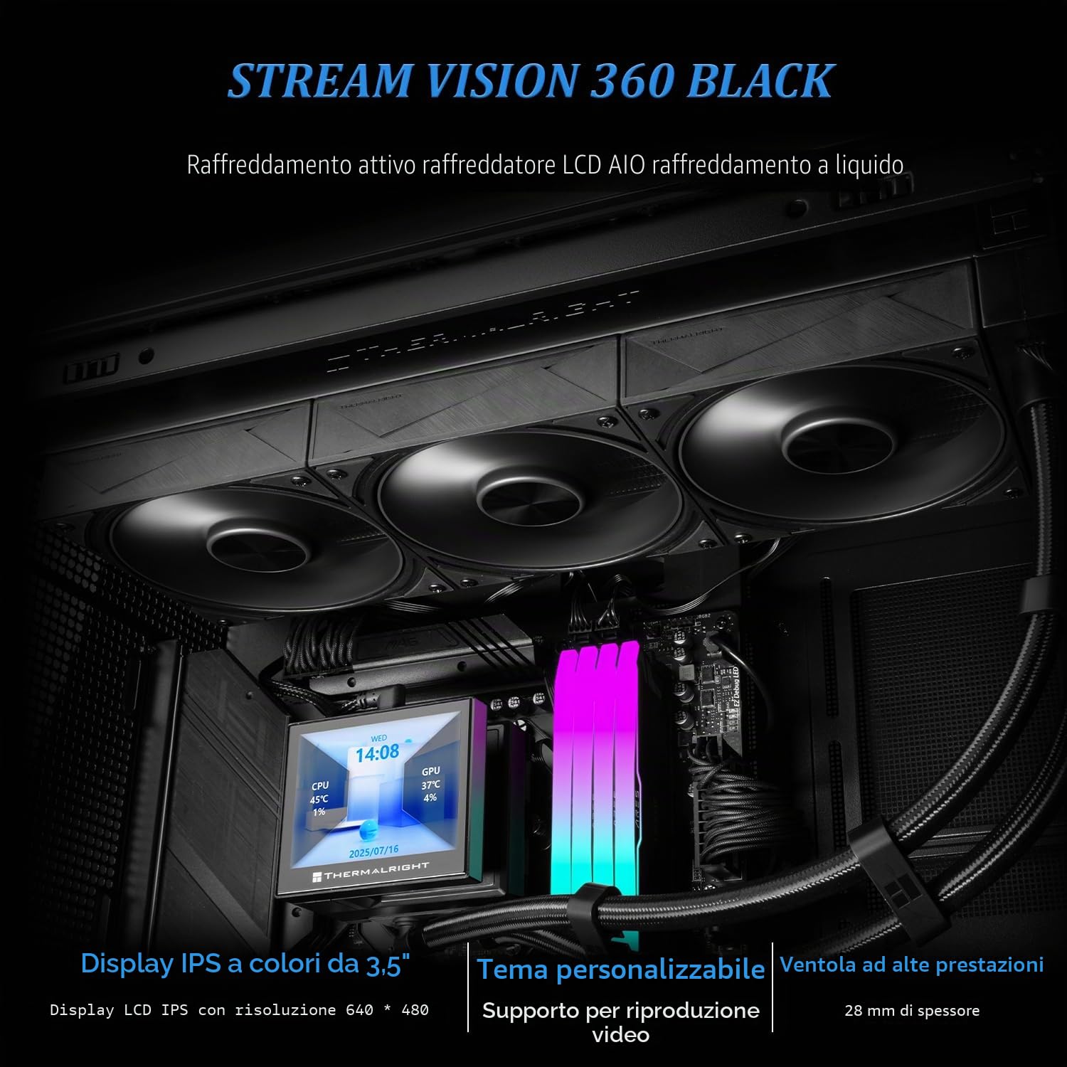 Thermalright Stream Vision 360 Black CPU - Refrigeratore di liquidi, schermo LCD da 3,5 pollici con ventola magnetica integrata, risoluzione 640 x 480, velocità 2400 giri/min, compatibile con AM5