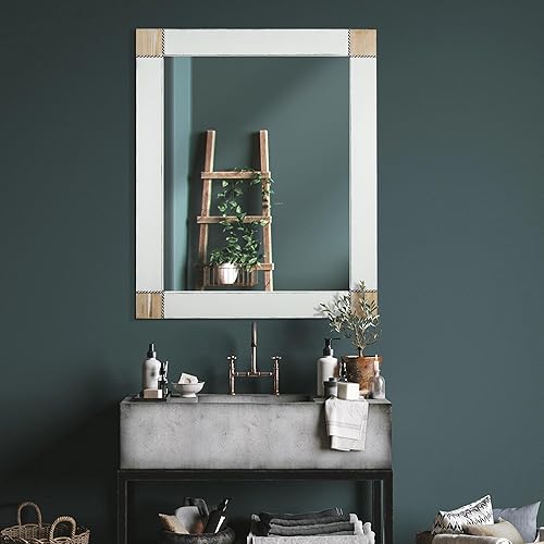 Miniatura 3 de Head West Espejo de pared rústico con marco de madera encalada con cuerda incrustada