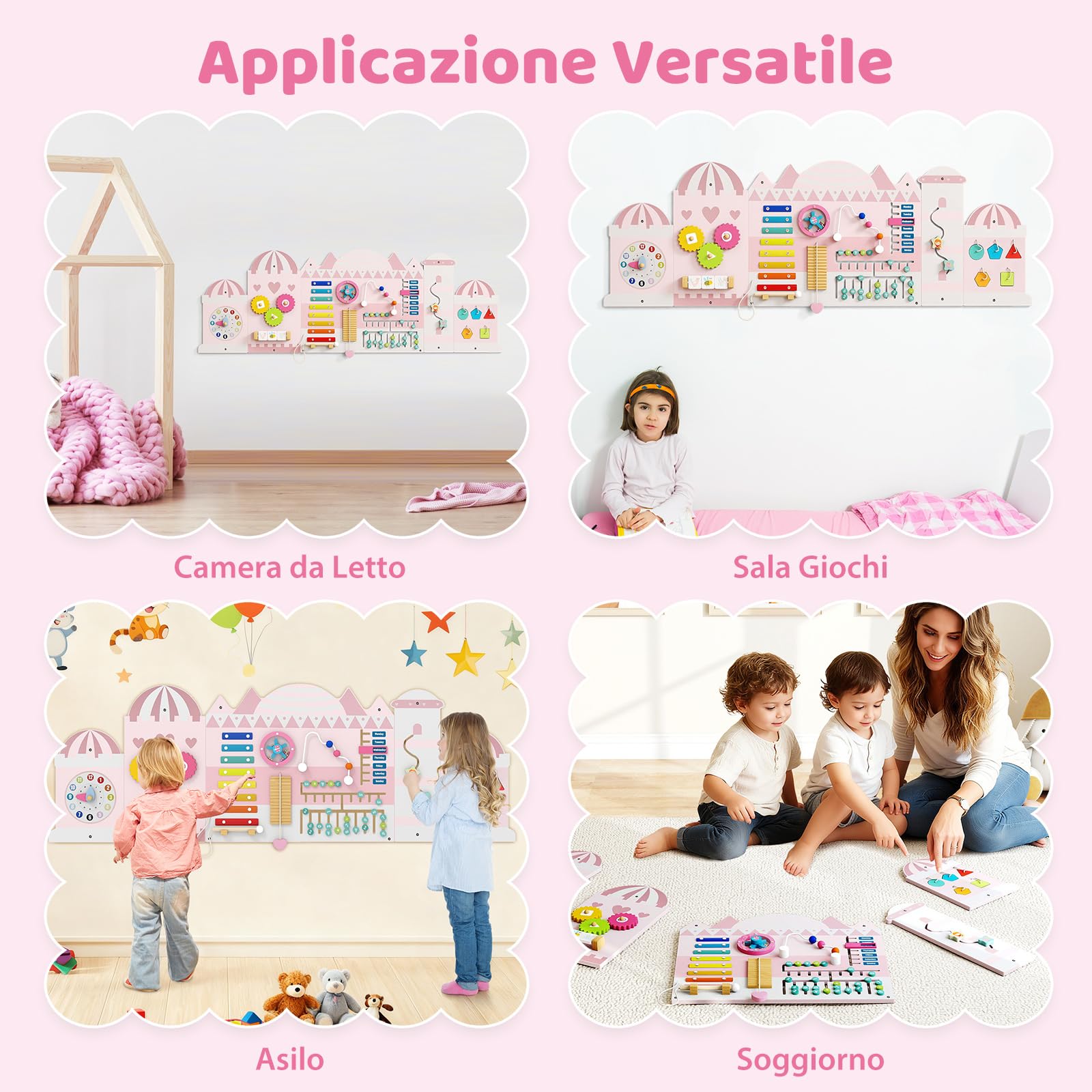 COSTWAY Pannelli da Parete con attività, Busy Board 11 in 1 Montessori in Legno per Sviluppo Sensoriale, Centro di attività Educativo Montato a Parete per Stanza Giochi, Asilo Nido (Castello)