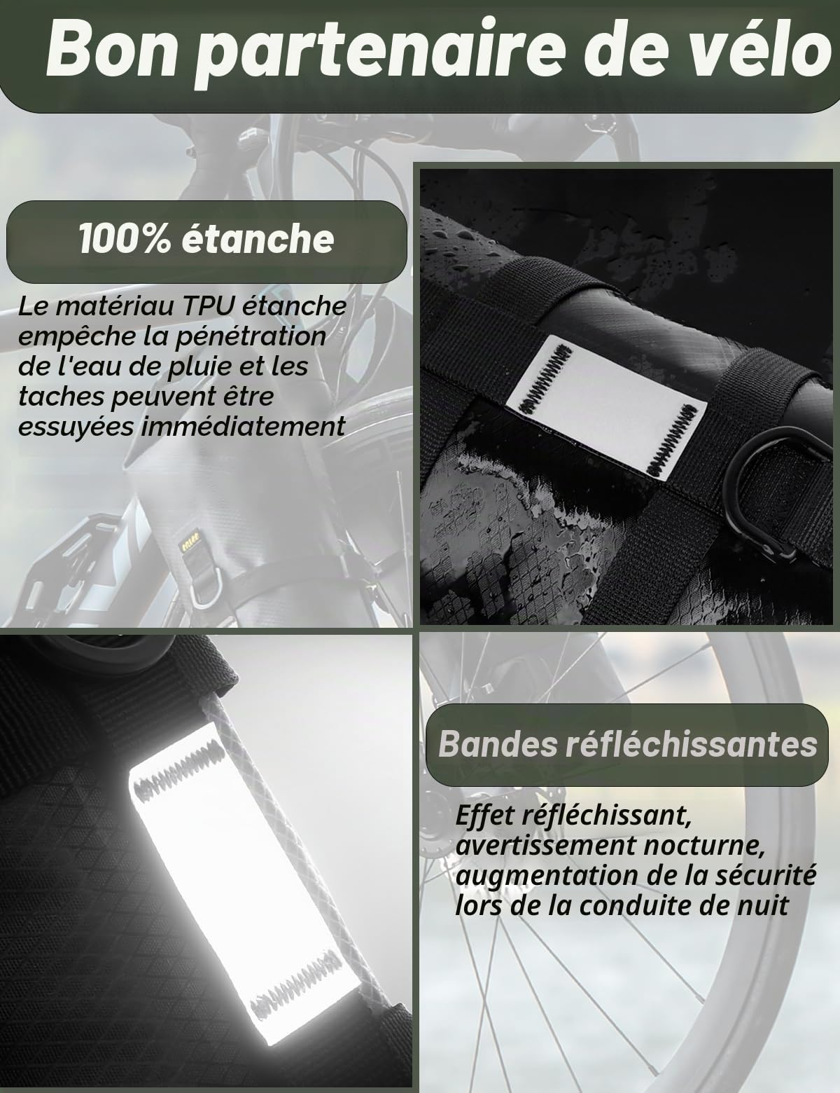 Lot de 2 sacoches de vélo 4 L + 4 L, avec support polyvalent, 100 % étanche, compatible avec les vélos de montagne et de route