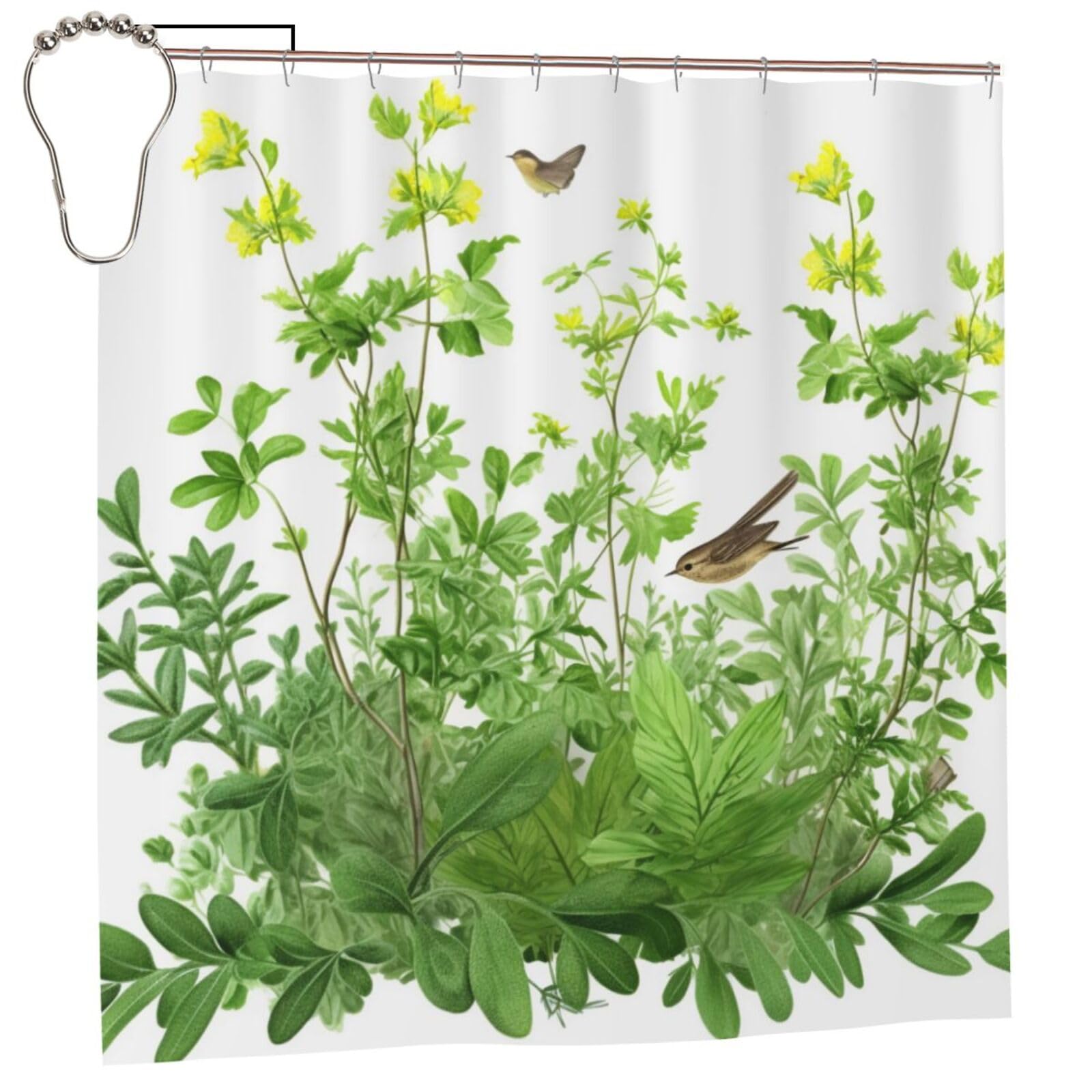 BWWHCCTI Herb Plant Leaves Printed Shower Curtain With 12 Iron Hooks Opaque Quick Drying Waterproof Shower Curtains Sets For Bathroom 183x183 CM