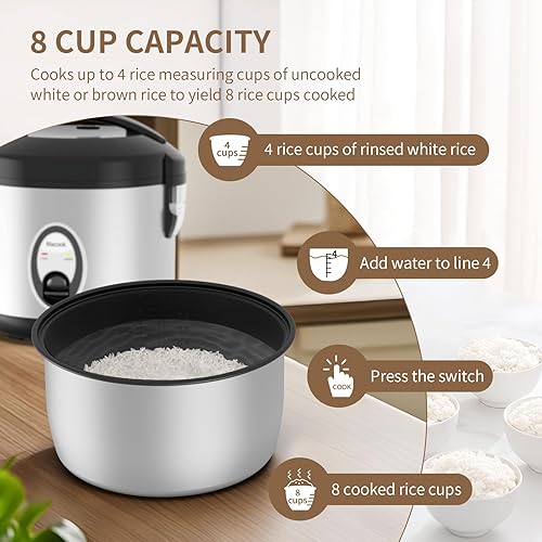 Miniatura 8 de Arrocera de acero inoxidable con vaporizador, 4 tazas sin cocer (1.0L)8 tazas cocidas, cocina eléctrica para granos y verduras, mantiene el calor