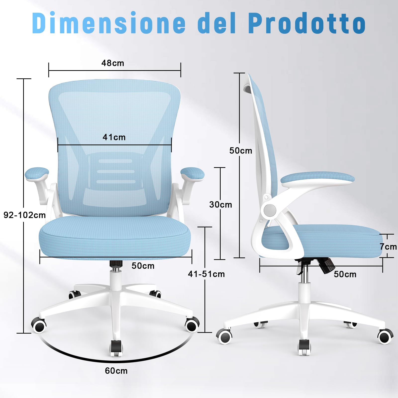 rattantree Sedia da Ufficio con Supporto Lombare, Sedia Ufficio Ergonomica con Braccioli Regolabili in Rete Traspirante, Altezza Regolabile e Schienale Inclinabile con Ruote Girevoli, Blu