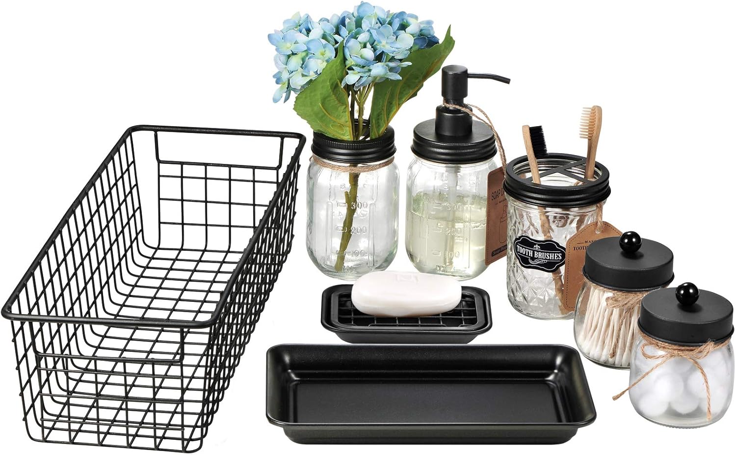 Mason Jar Bathroom Accessories Set 8 Pcs - Lotion Soap Dispenser,Toothbrush Holder,2 Apothecary Jars, Flower Vase,Soap Dish,Vanity Tray,Toilet Paper Holder Storage Bin,Vintage Farmhouse Decor (Black) : Home & Kitchen