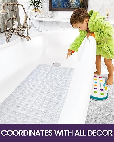 Miniatura 26 de DEXI - Tapete de baño y ducha, extra largo, 16 x 39 pulgadas, antideslizante con ventosas y agujeros de drenaje, lavable a máquina, libre