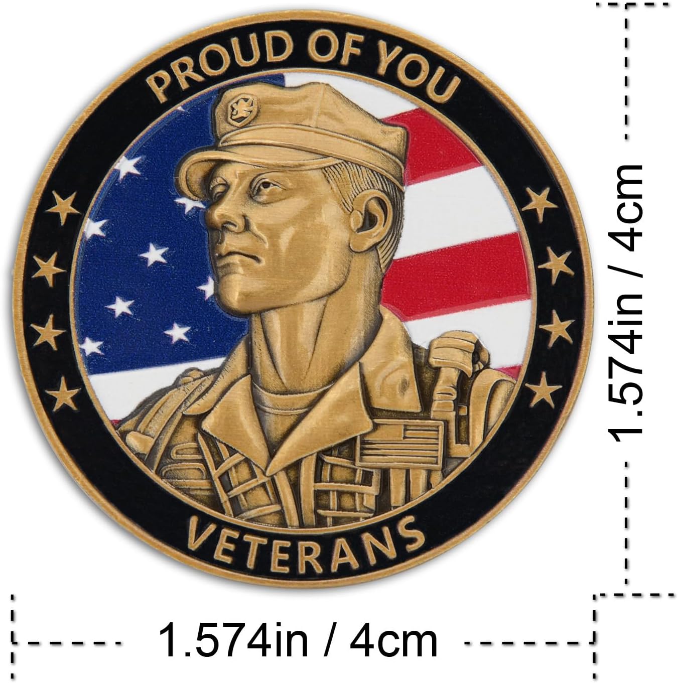 Veteran Commemorative Coin – Proud of You Military Challenge Coin with Soldier & American Flag Design – Tribute to Veterans(Single Coin)
