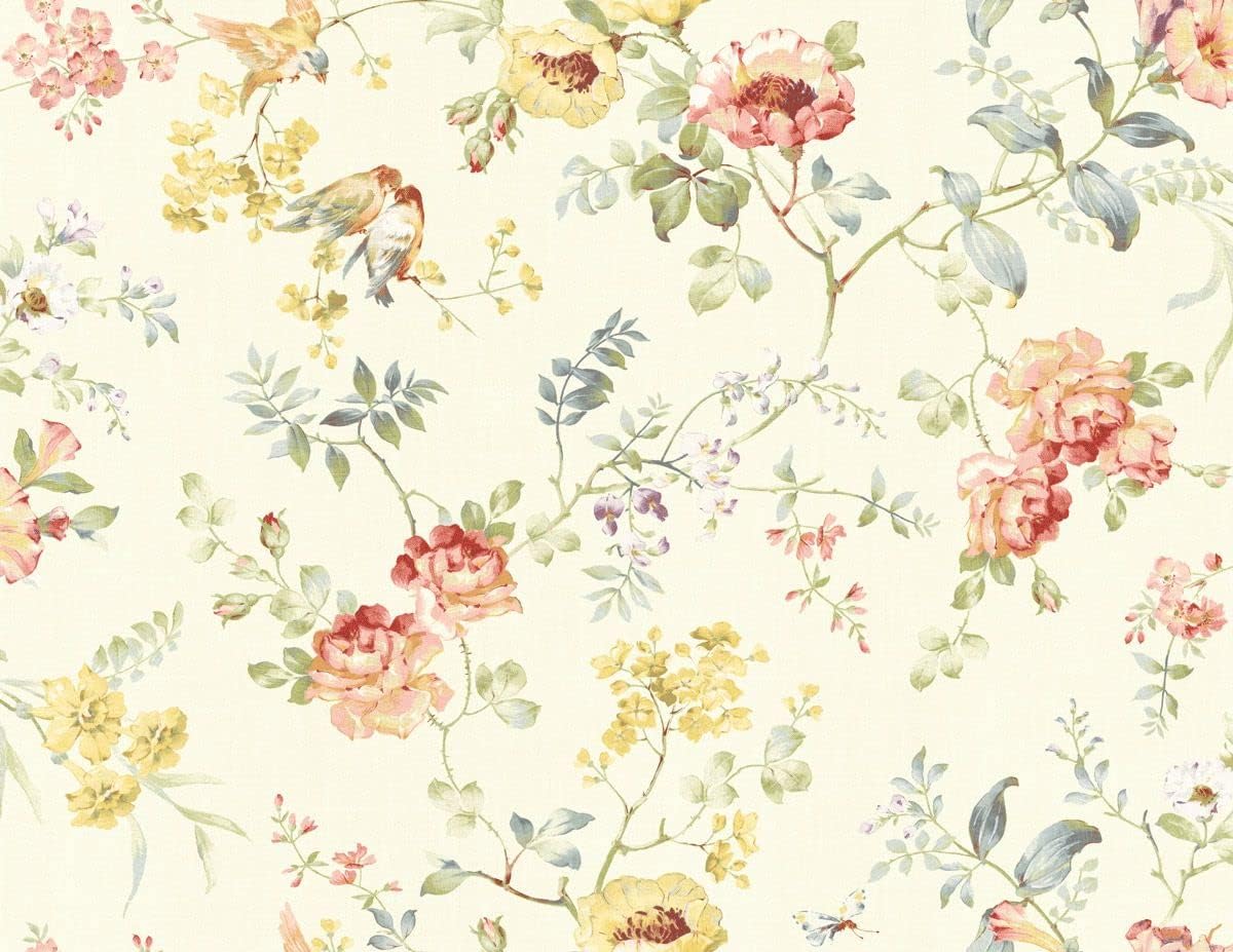Wallquest Wallpaper Floral Vine Birds Red Yellow Purple Blue Green on Cream Faux Linen