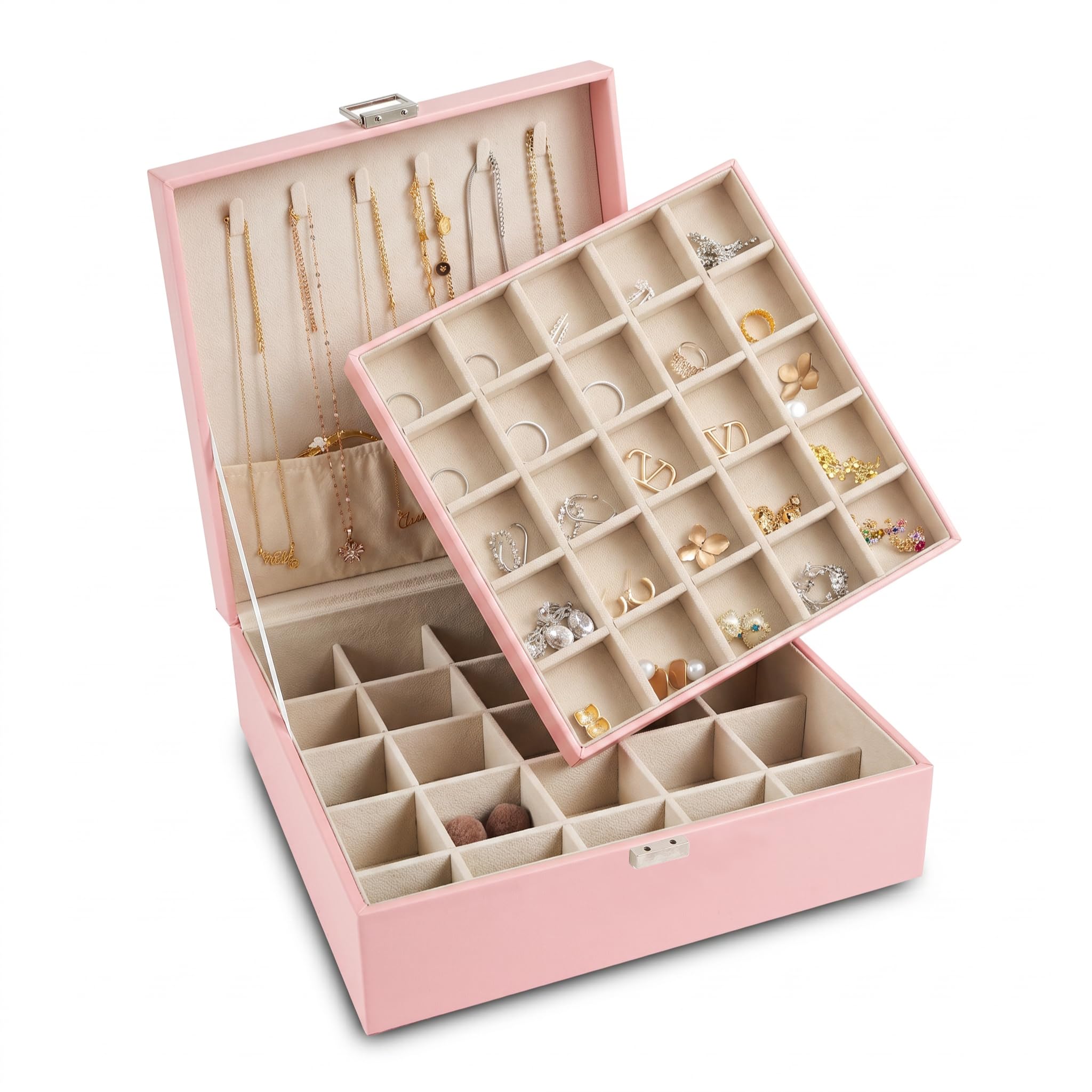 Frebeauty Portagioie 50 scomparti, 2 ripiani con ganci collane | Portagioie in similpelle, divisori regolabili, fodera in velluto, porta collane, organizer multifunzione per gioielli
