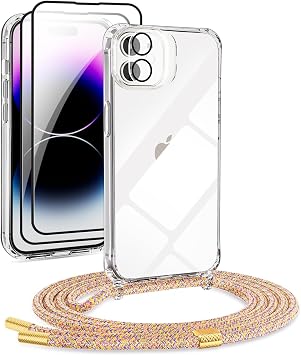 DiDaDi [5-in-1 Mobile Phone Chain Set for iPhone 11 6.1 Case with Strap + Transparent Protective Case + Protective Film + Camera Protection Glass Removable Necklace Stylish Mobile Phone Case for