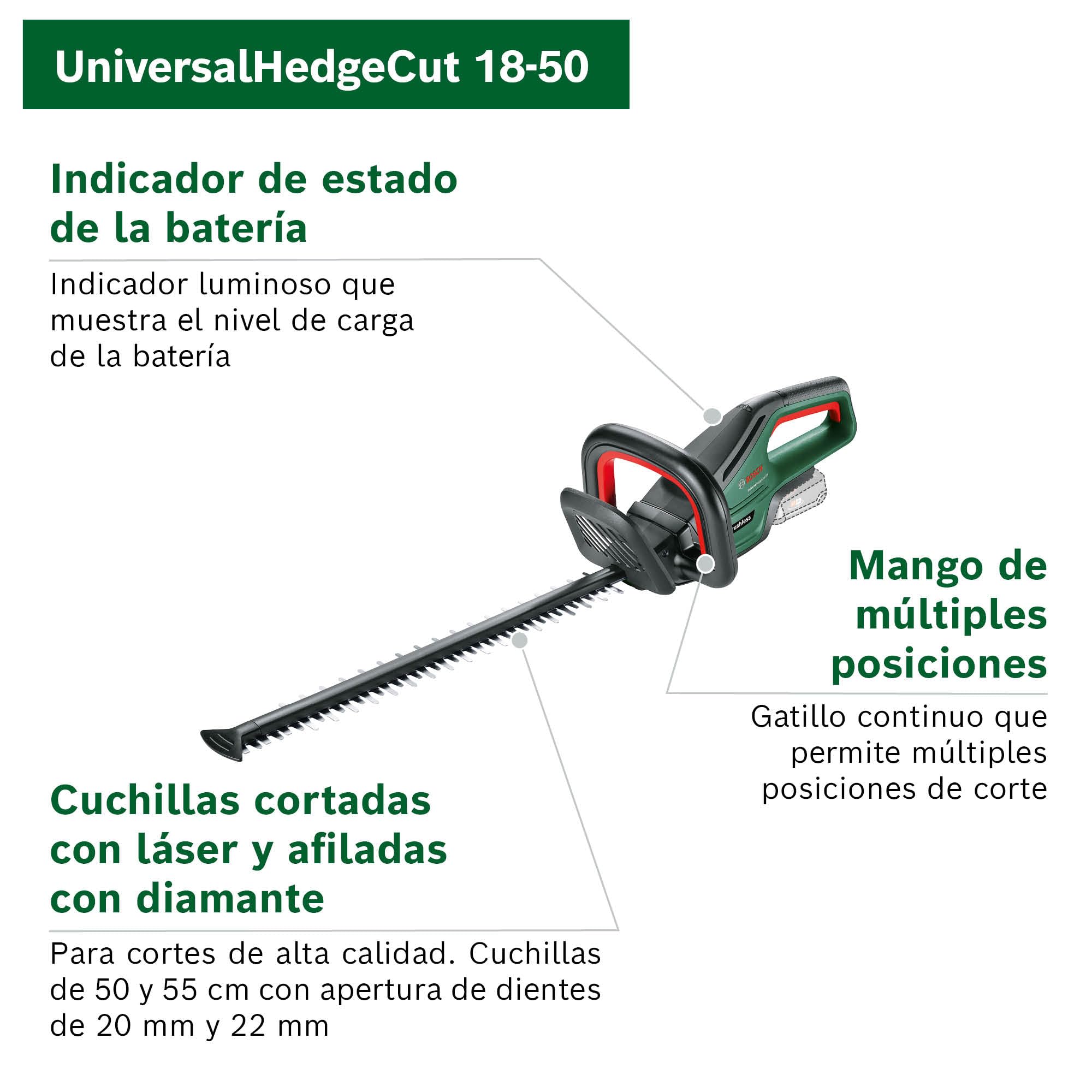 Bosch Home and Garden UniversalHedgeCut 18V-50, Cortadora de Setos a Batería, Sin Batería, Sistema de 18 Voltios, Longitud de la Sierra 50 cm, Embalaje en Caja