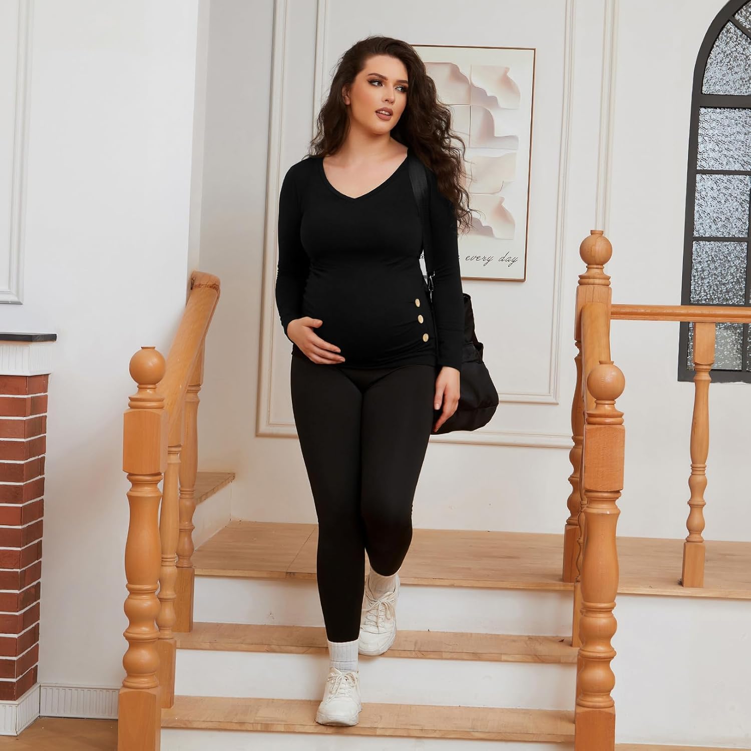 GINKANA Maternity Shirt Long Sleeve Basic Top Ruch Sides Buttons Tshirt for Pregnant - Image 5