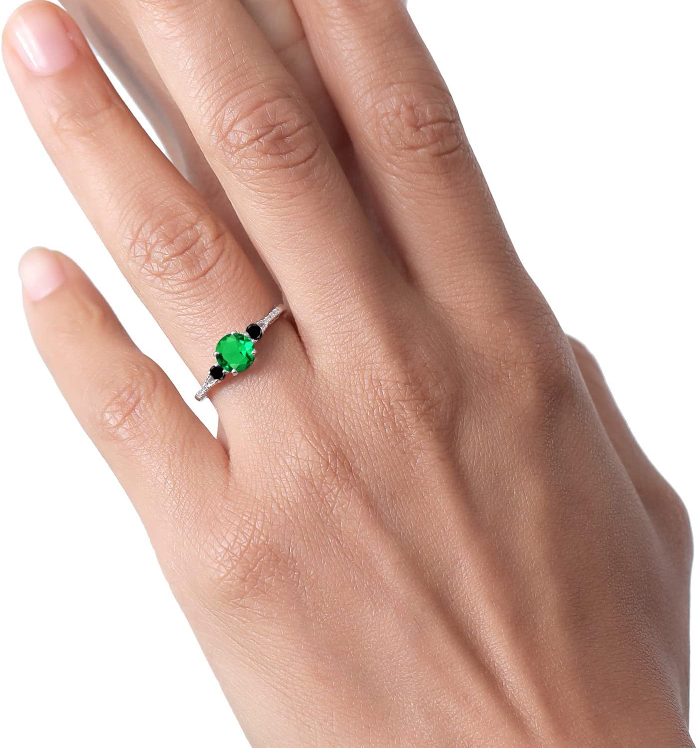 Gem Stone King 10K White Gold Green Nano Emerald Black Diamond and White Diamond Accent 3-Stone Engagement Ring For Women (0.95 Cttw, Round 6MM, Gemstone May Birthstone) - Image 5