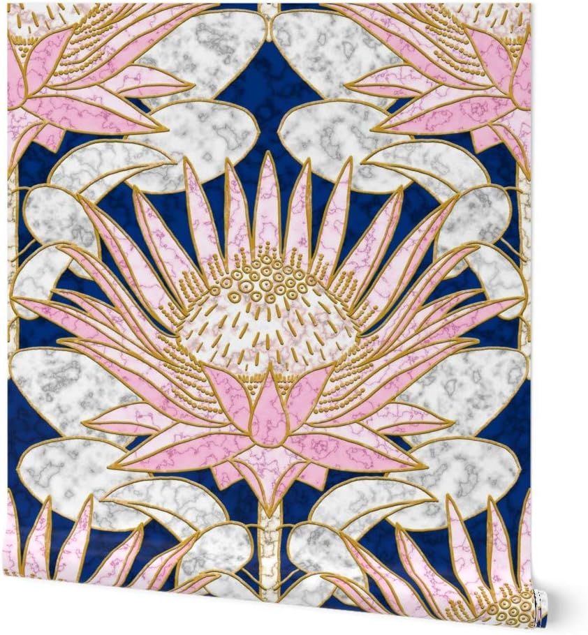 Peel & Stick Wallpaper 6ft x 2ft - Art Deco, Blush, Protea, Glam, Pink, Navy, Gold, Marble Look, 1920S, Hollywood, Blue, Large Scale, Custom Removable Wallpaper by Spoonflower