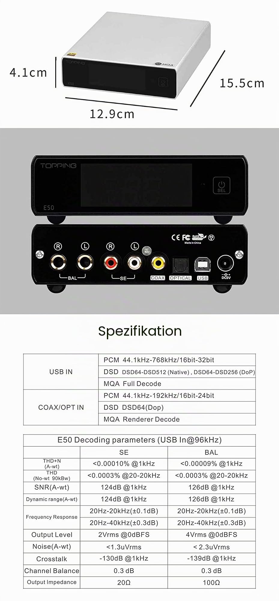 Topping E50 Mini HiFi DAC ES9068AS DSD512 PCM768kHz USB DAC USB/Koax/Opt Eingänge RCA/TRS Ausgänge Decoder für Heimkino Spielmusik Silber