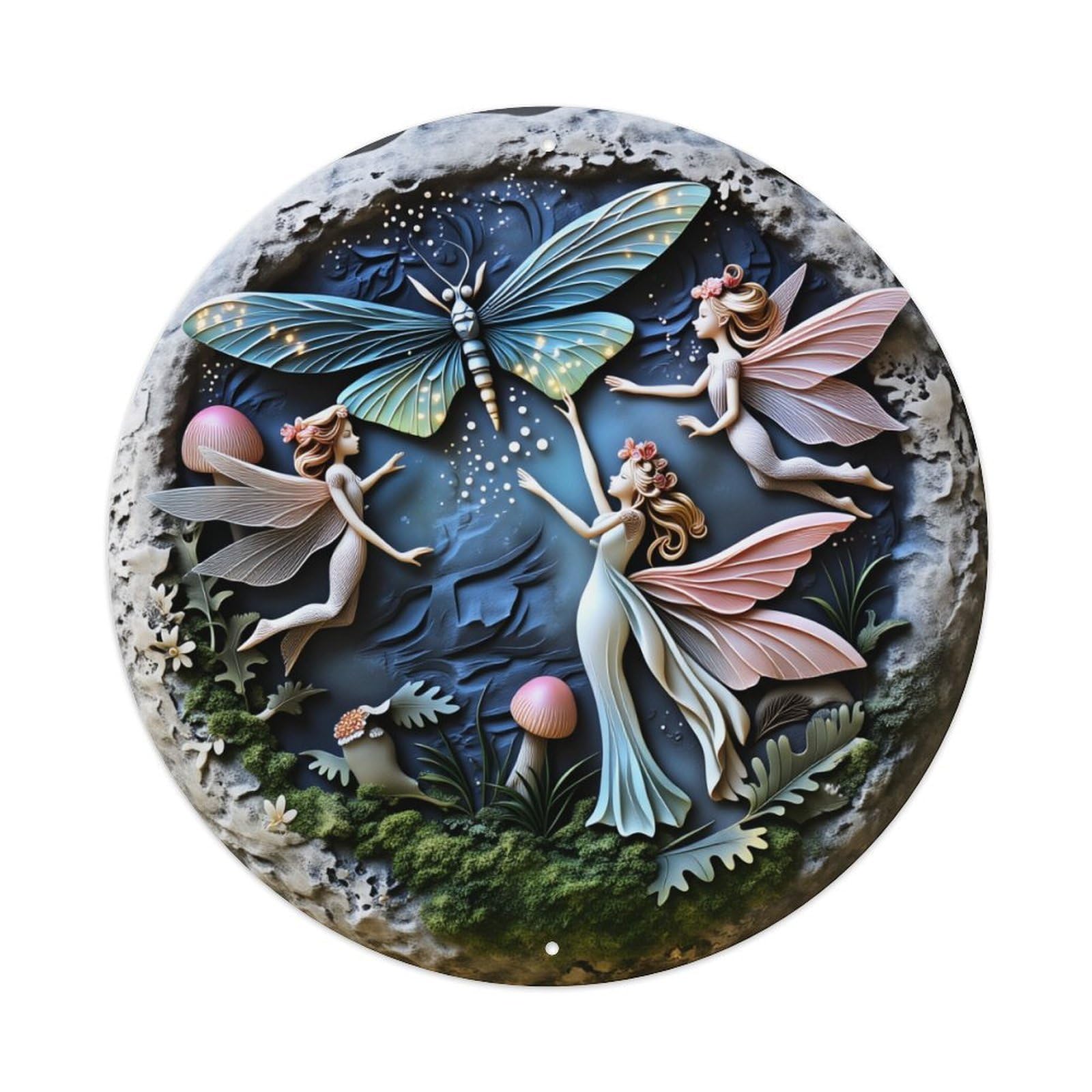 Fairy Wings Moon Mushrooms Forest Round Tin Sign Vintage Metal Poster Retro Bar, Home, Man Cave, Kitchen, Laundry Room Wall Art Decor Gift 8x8Inch