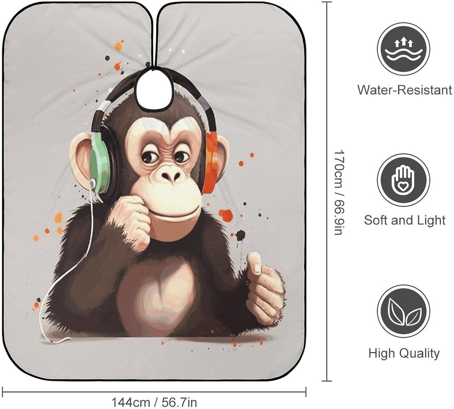 Music Monkey Apron for Women Men,Barber Cape with Adjustable Snap Closure,Hair Cutting Cape,66.9 X 56.7 Inches for Hair Dye, Comb-out, Styling, Shampoo