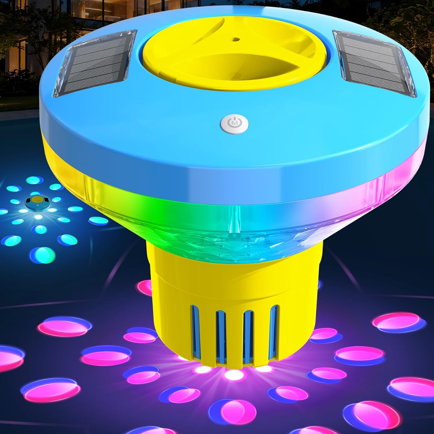 ChlorBlu Solar Chlorine Floater,Chlorine Floater with Colorful Lights,Large Capacity Floating Chlorine Dispenser for Pool,7.6" Pool Chlorine Floater,Button Control Chlorine Floater for Hot Tub(Yellow)