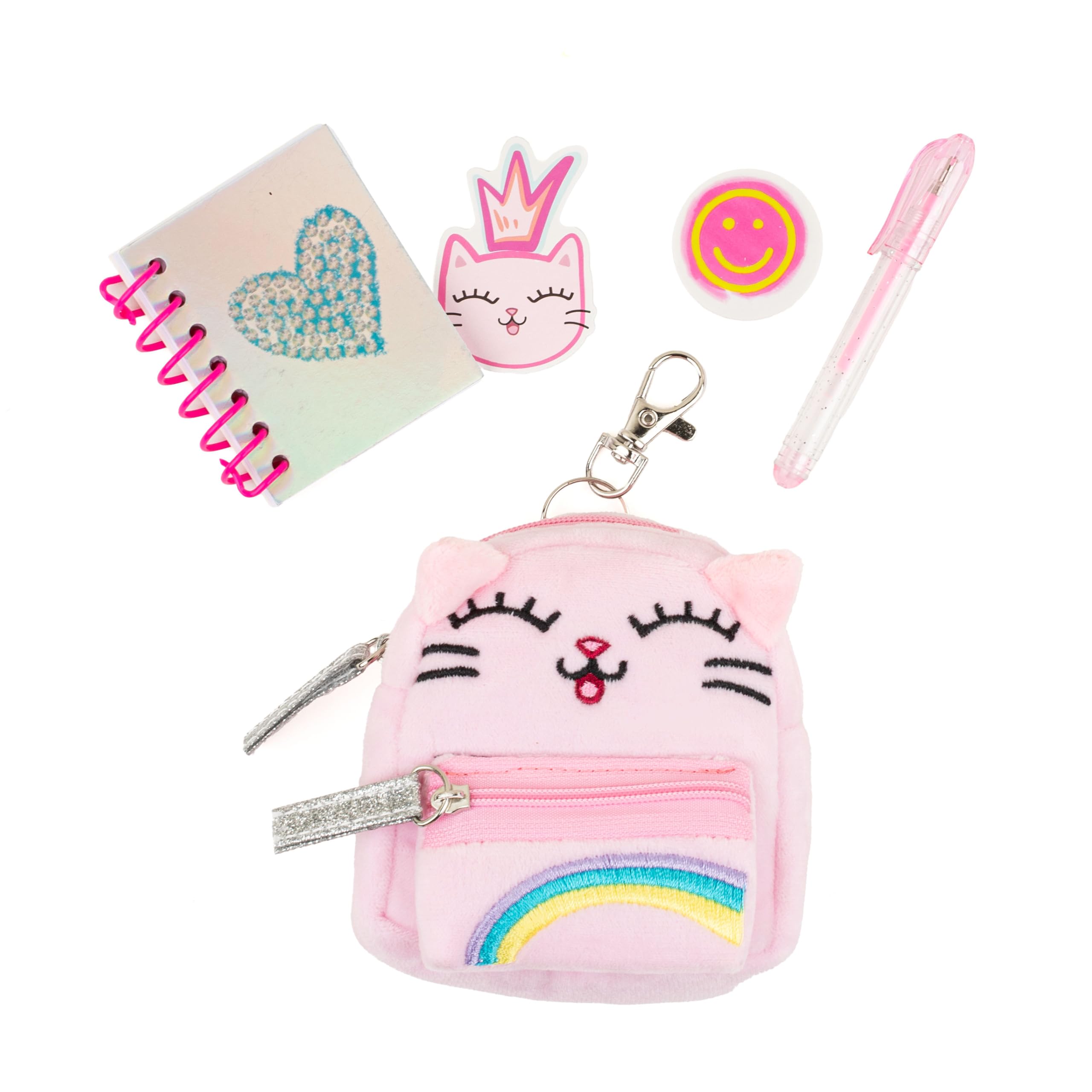 VOTUMCat Keychain Charm for Backpacks, Purses, Handbags, Car Keys with Stationery Set - Includes Mini Notebook, Gel Pen, Eraser, Stickers - Portable & Fun Gift for Tweens & Adults Ages 8+