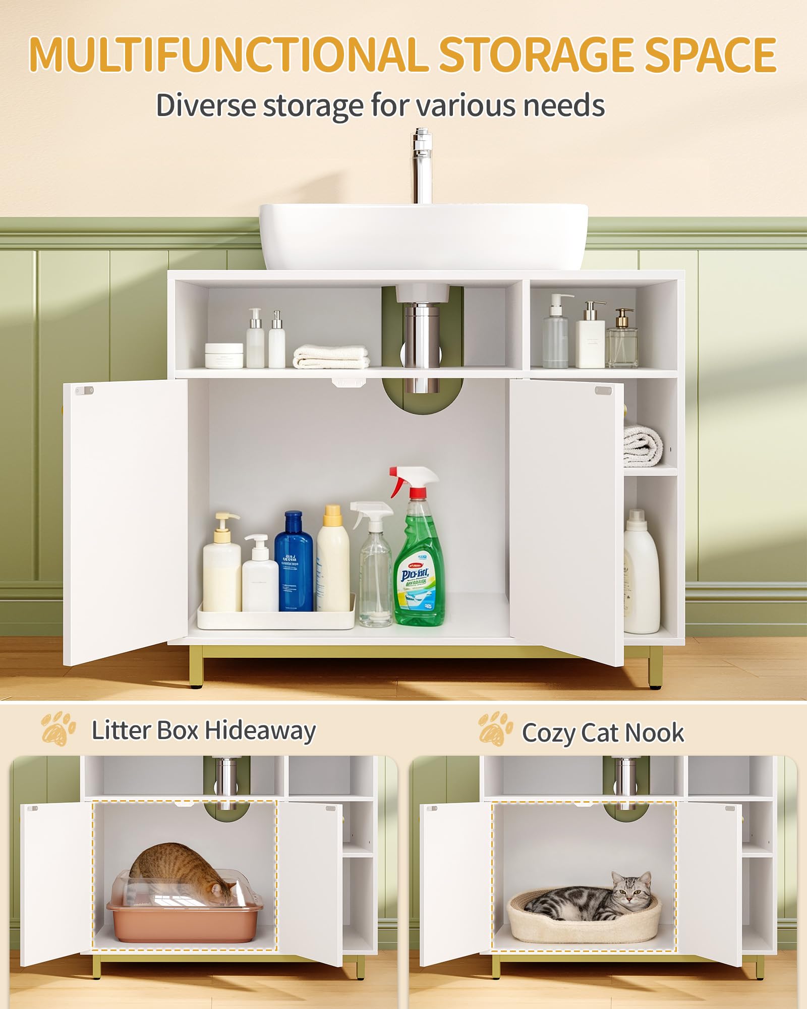 Hzuaneri Katzenschrank, Katzenklo Schrank mit Speicherfunktion, 80 x 45 x 65 cm, Waschbeckenunterschrank, Versteckt Katzentoilette, Verstellbare Ablage, Verstellbare Füße, Weiß und Gold CB89903G