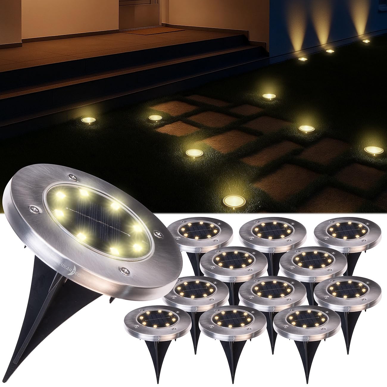 Lunartec Erdspieß-Bodenleuchten: 12er-Set Akku-Solar-Bodenleuchten, Edelstahlgehäuse, 8 LEDs, wamweiß (Solarleuchten Garten Boden, LED-Solar-Bodenstrahler, Beleuchtung)