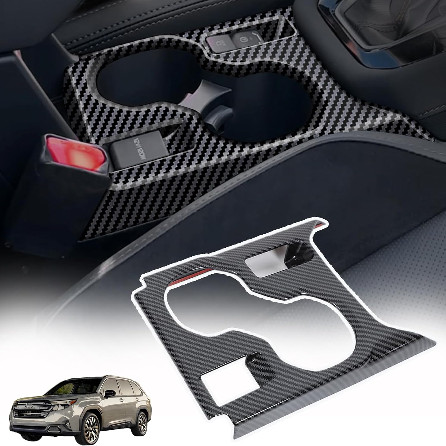Front Row Cup Holder Panel Trim Frame Compatible with Subaru Forester 2025,Inner Front Seat Center Armrest Water Cup Holder Panel Frame Molding Cover Trim Interior Accessories (Carbon Fiber Pattern)
