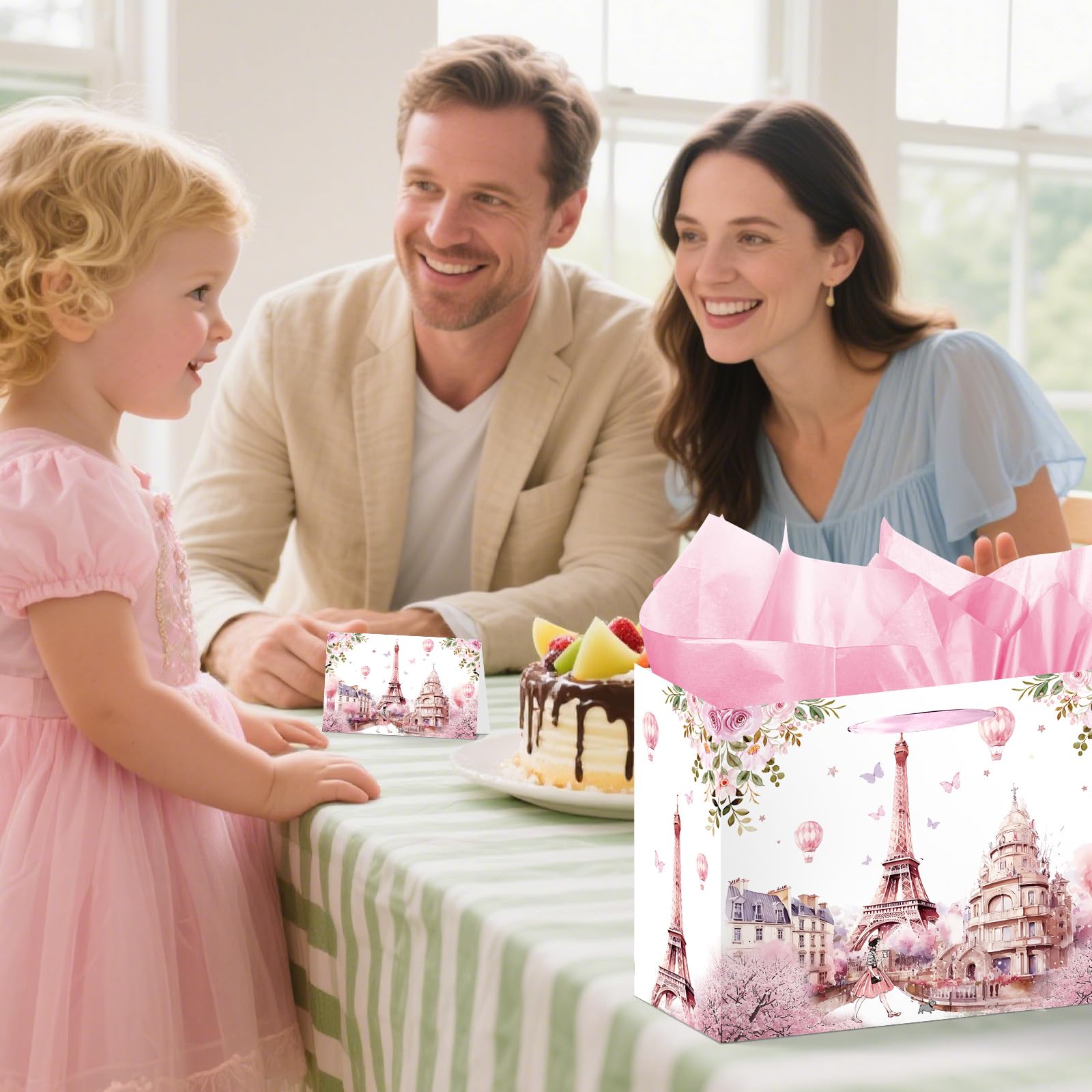 Wxiben Paris Themed Party Decorations - Eiffel Tower Gift Bag, Pink Flower Party Favor Wrapping Bag with Handle Tissue Paper Greeting Card, Birthday Baby Shower Decor Supplies for Women Girls