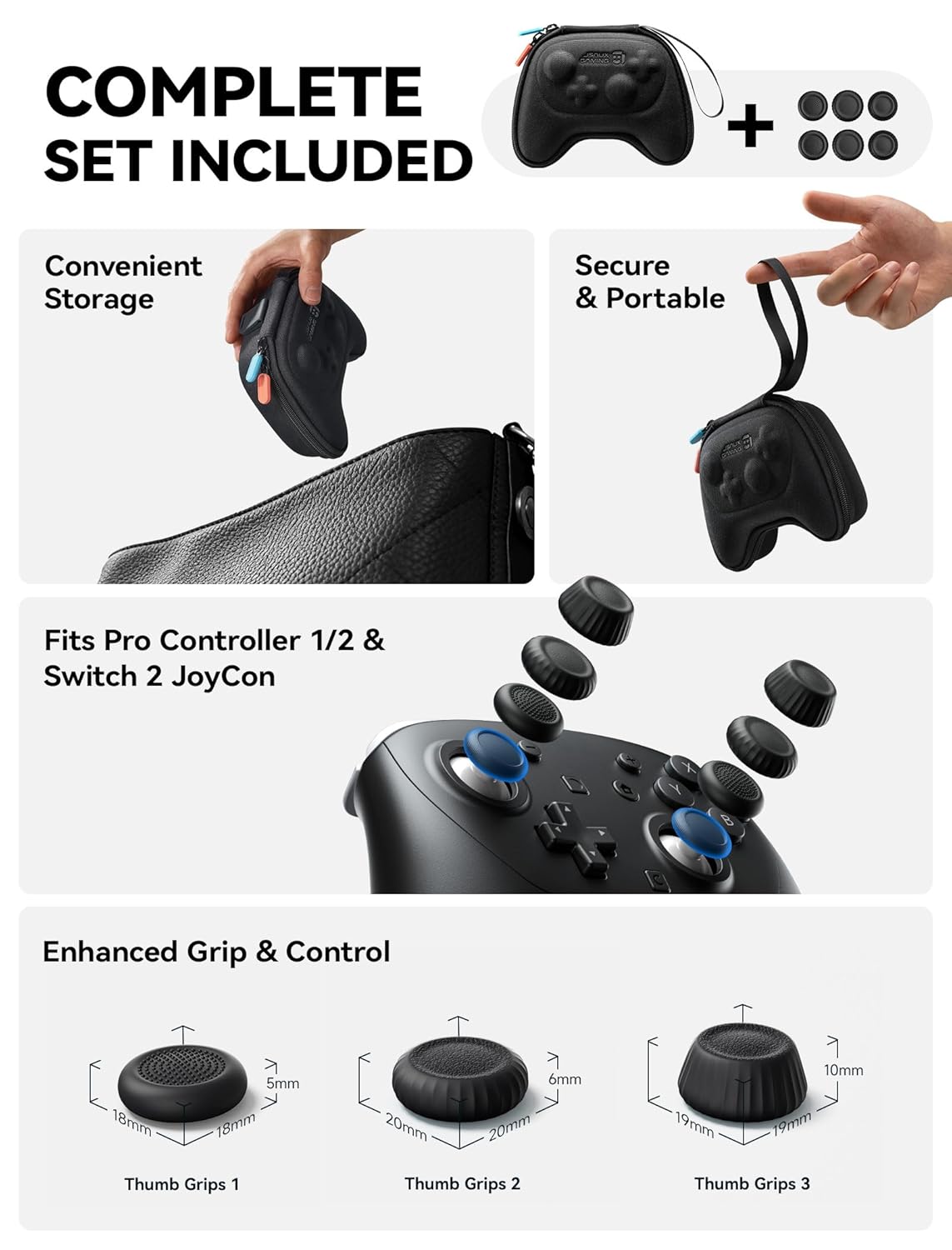 JSAUX Slim & Compact Case for Nintendo Switch Pro / Switch 2 Pro Controller, Hard Shell Travel Carrying Case, Portable Protective Bag with All Around Protection, Includes 6 Thumb Grips, Black - Image 2